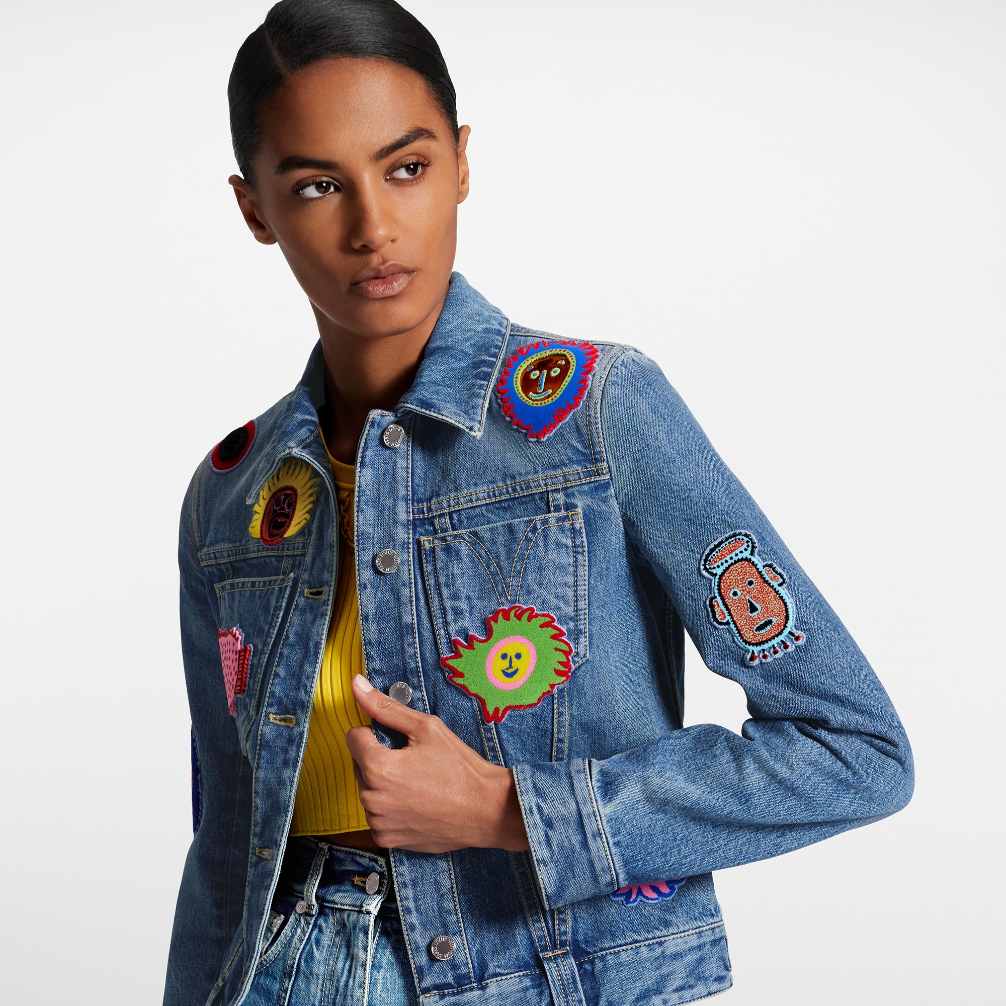 LV x YK Faces Patches Fitted Denim Jacket - 4