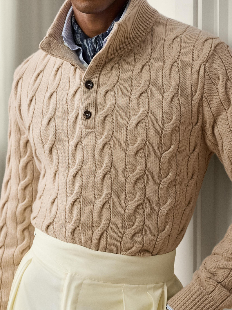 Men's Cable-Knit Mockneck Cashmere Sweater - Champagne Melange 6