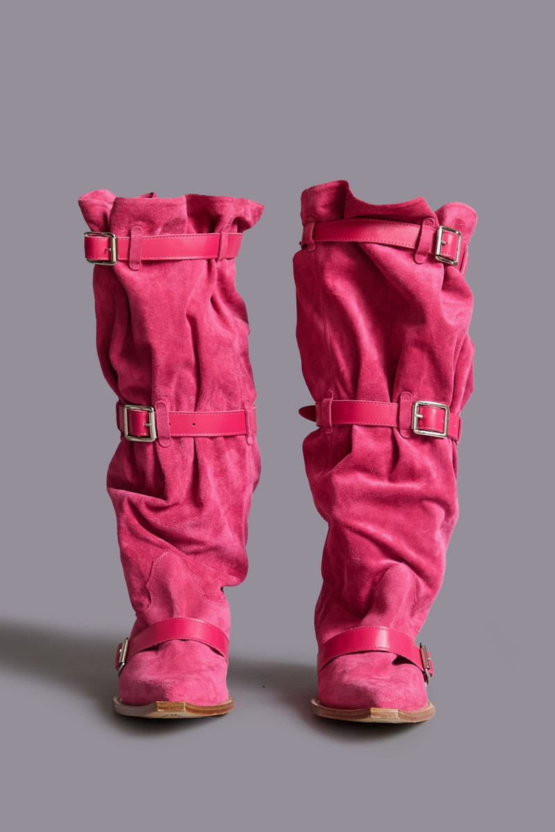 R13 BUCKLED-UP SLOUCH COWBOY BOOT - BRIGHT PINK SUEDE - R13 outlook