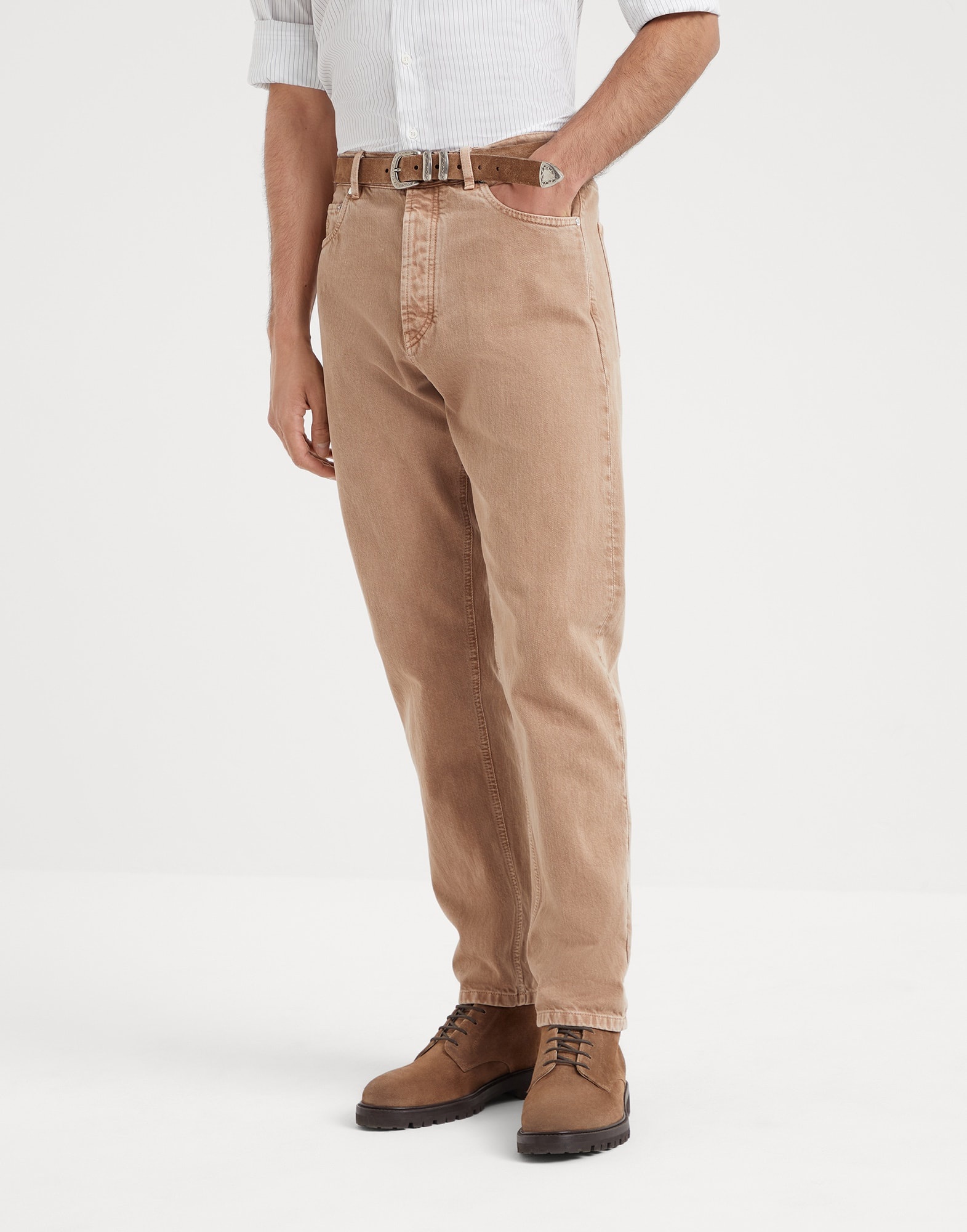 Garment-dyed iconic fit five-pocket trousers in slubbed denim - 1