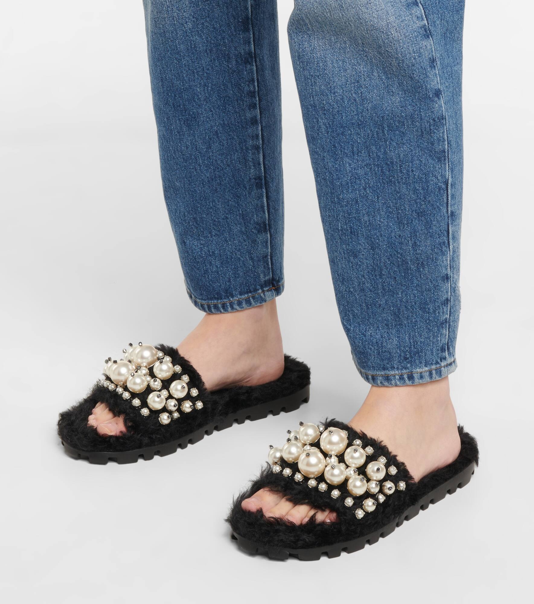 Embellished faux shearling slides - 4