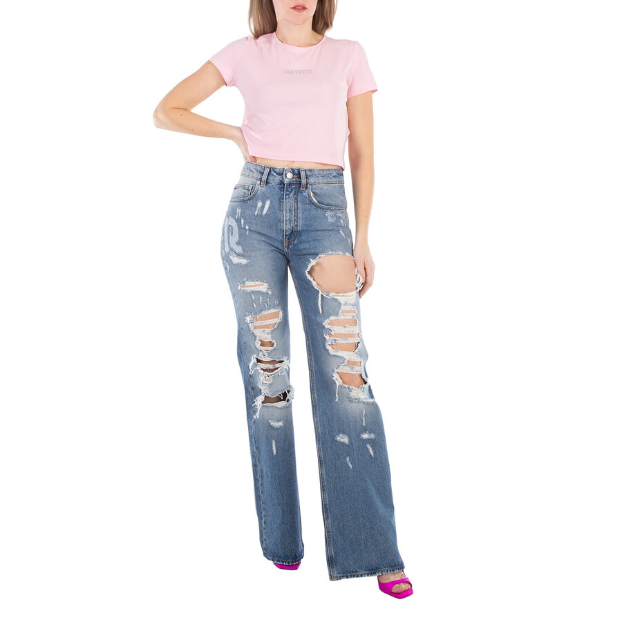 Rabanne Ladies Blue Ripped-Detailing Cotton Wide-Leg Jeans - 4