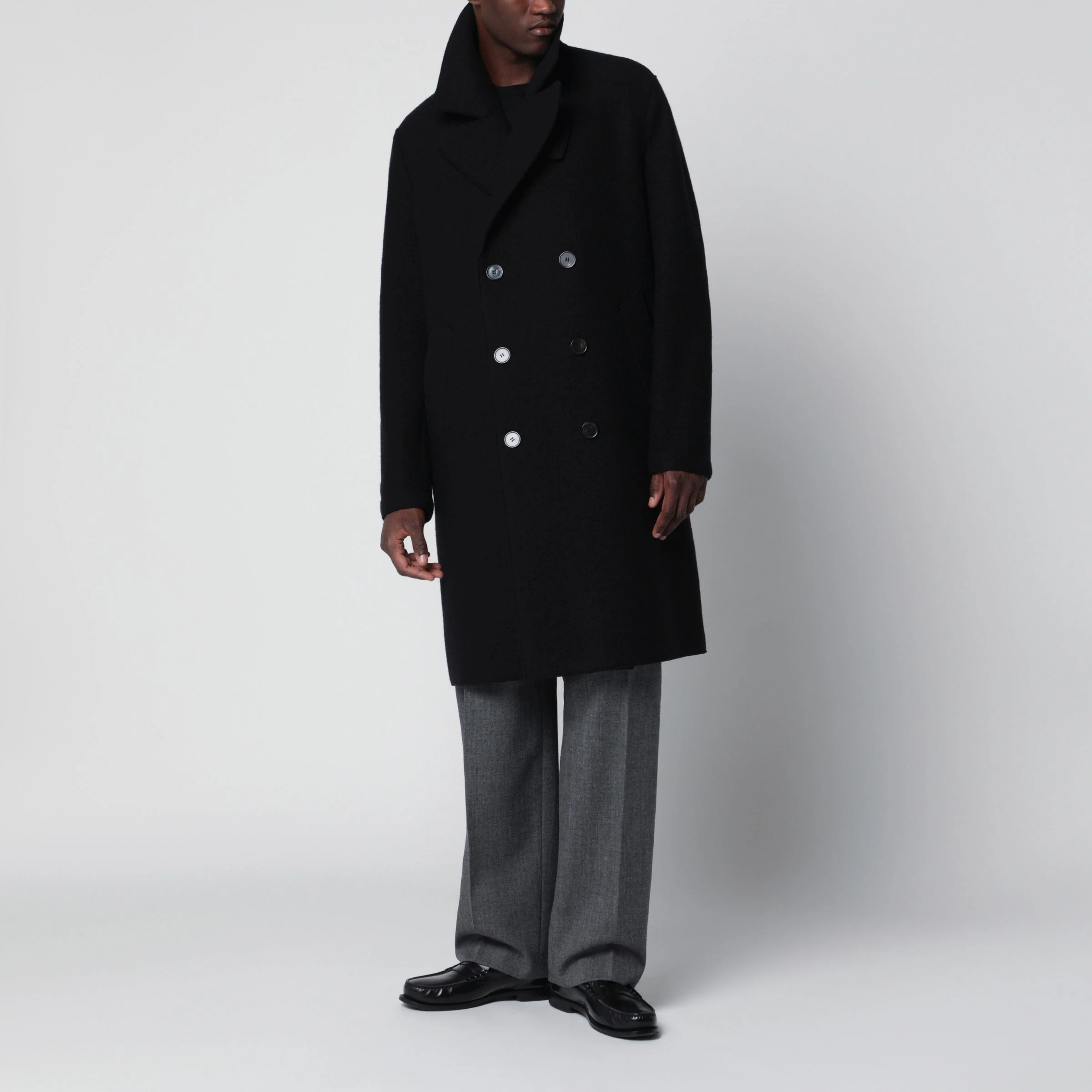 Black double-breasted wool coat - 1