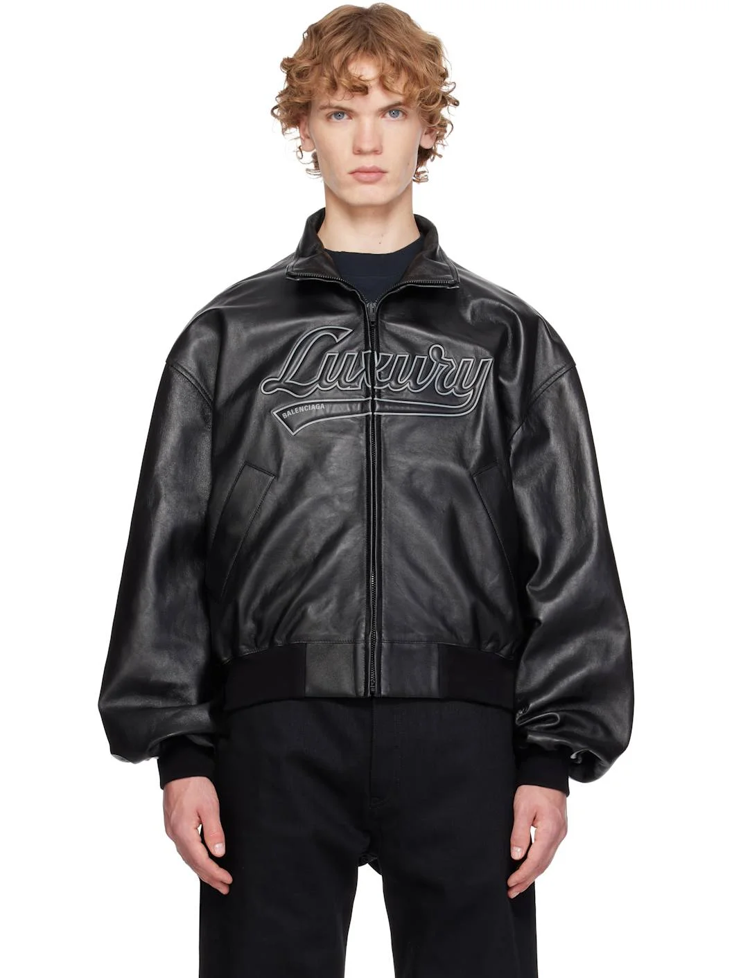 Black Smooth Semi Grainy Leather Bomber Jacket - 1