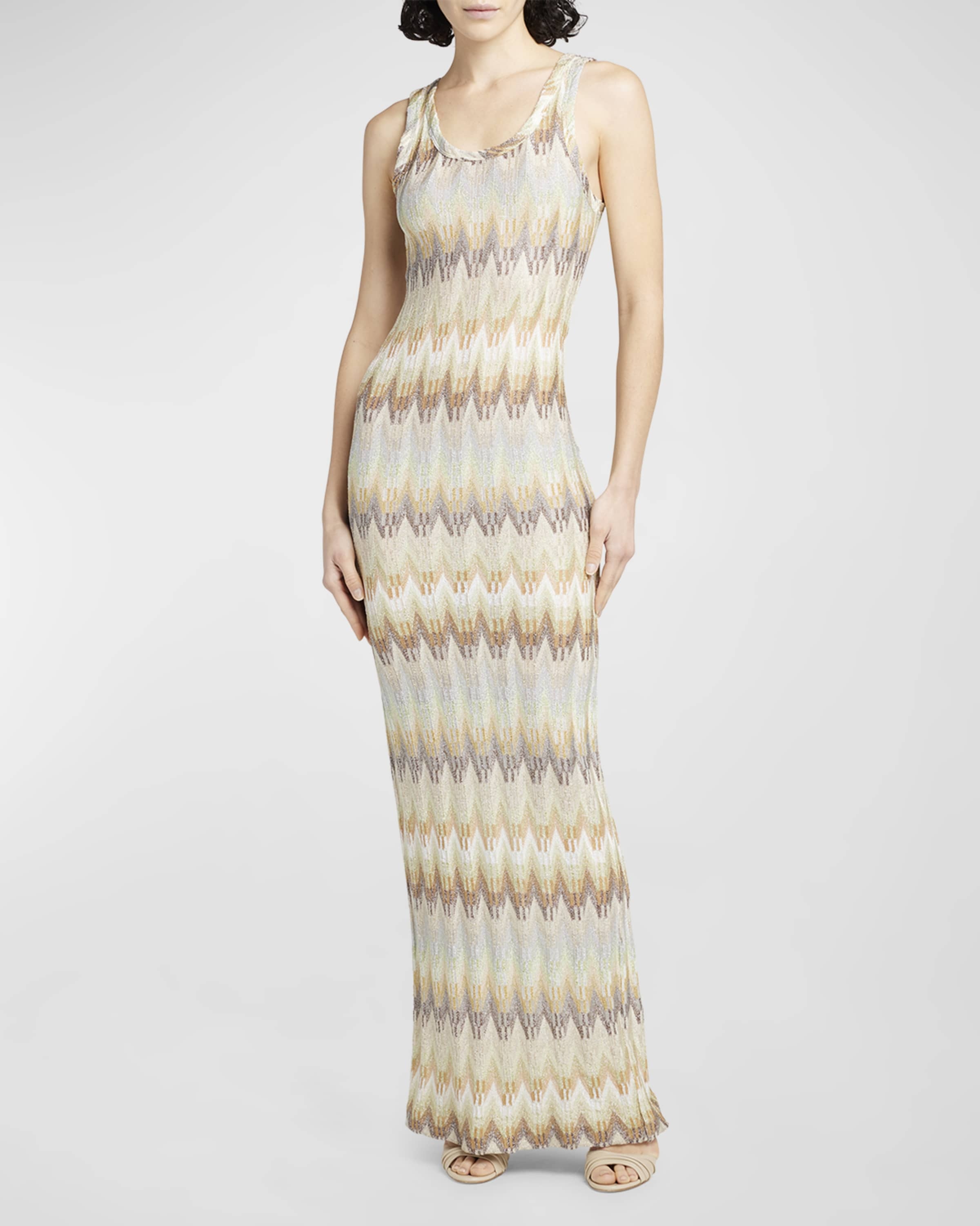 Scoop-Neck Sleeveless Metallic Chevron Knit Maxi Dress - 2