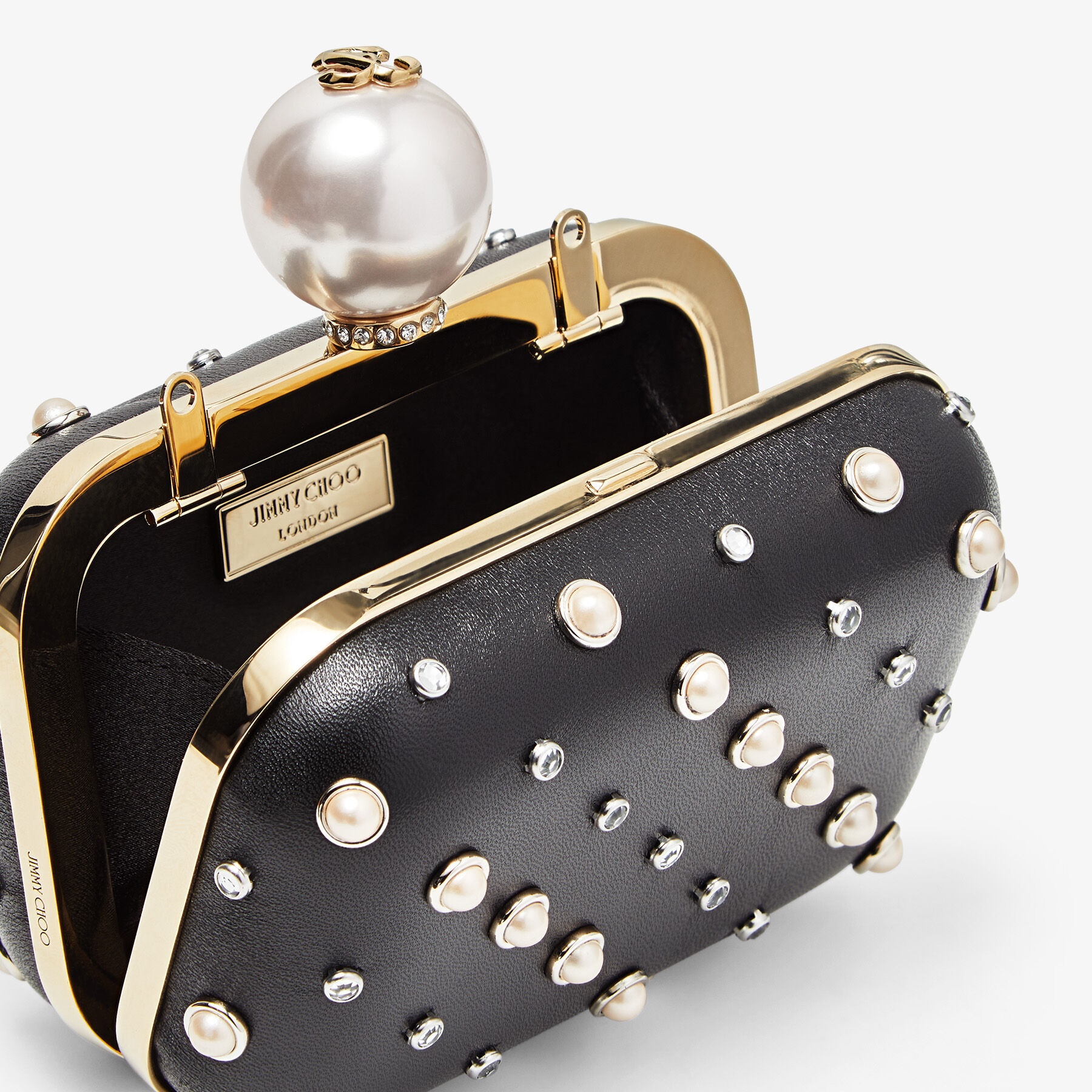 Micro Cloud
Black Nappa Mini Bag with Pearl Studs and Pearl Clasp - 3