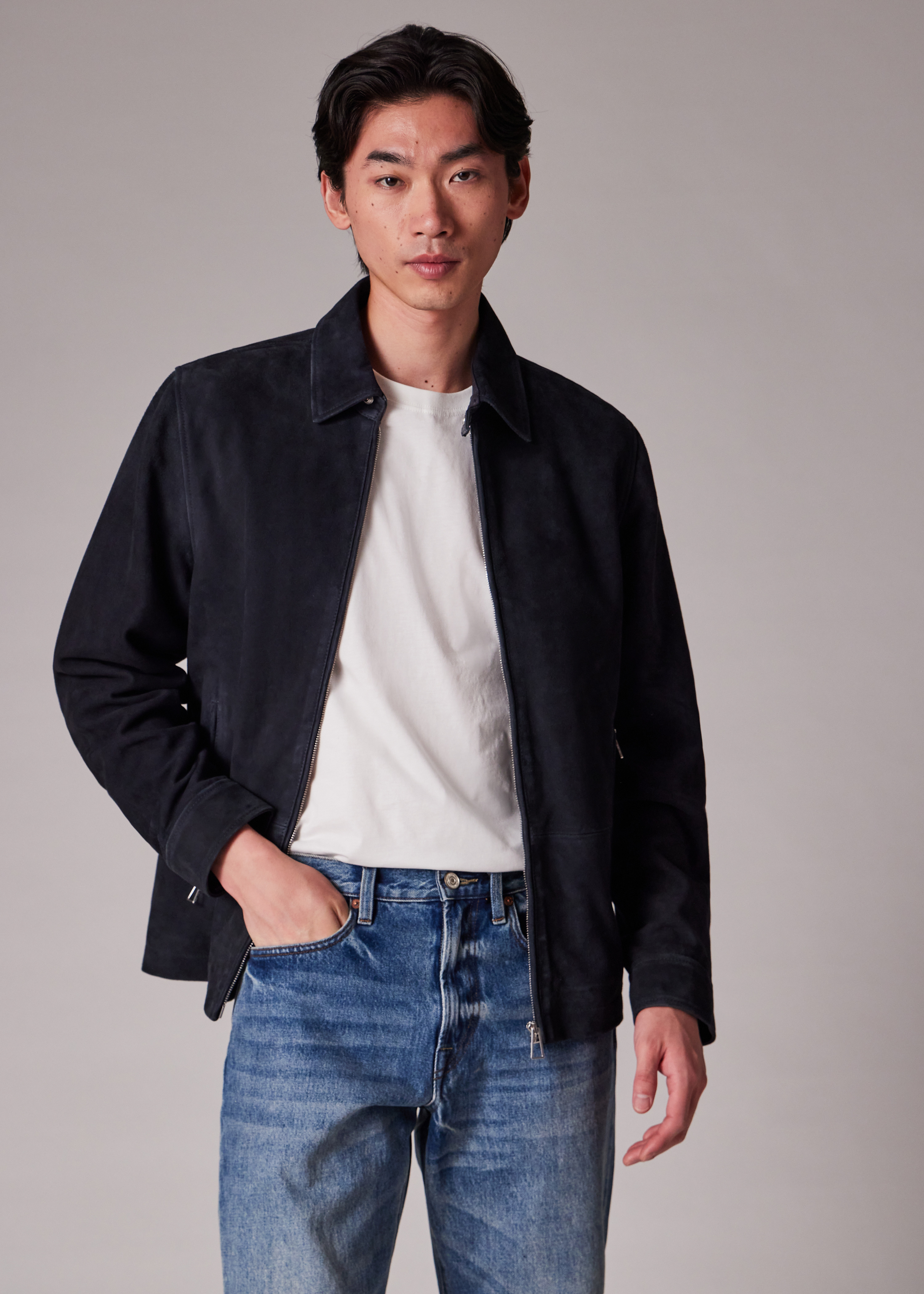 Navy Suede Zip-Front Jacket - 8