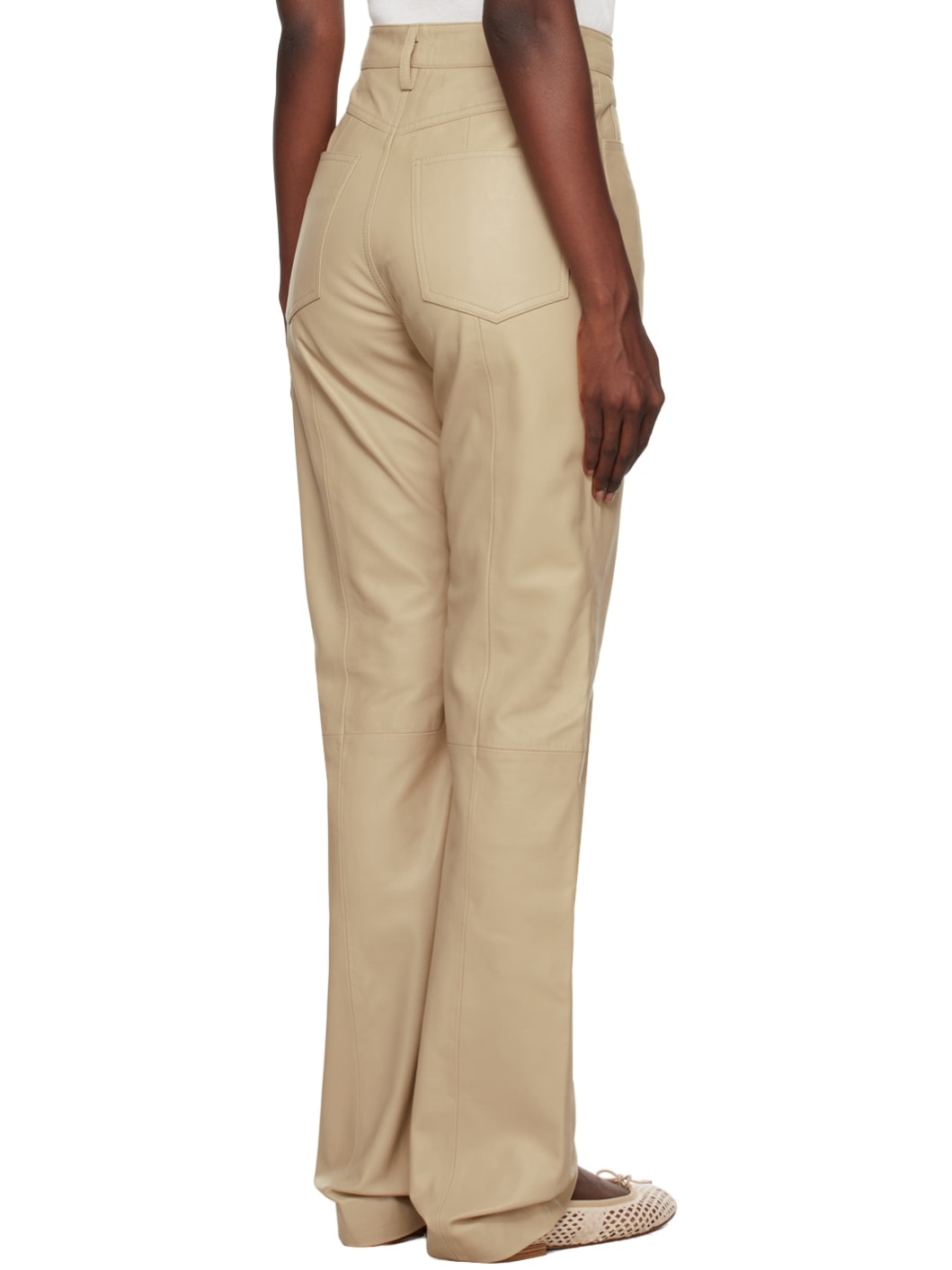 Beige Straight Leather Pants - 3