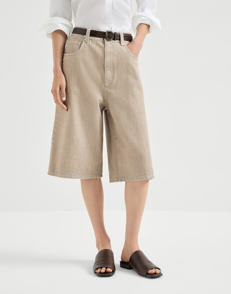 Beige lamé denim Bermuda shorts with monili 2