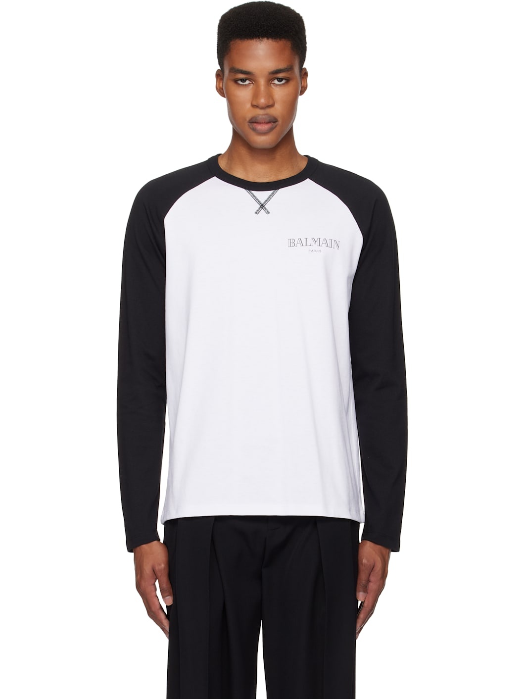 White & Black Lips Print Raglan Long Sleeve T-shirt - 1