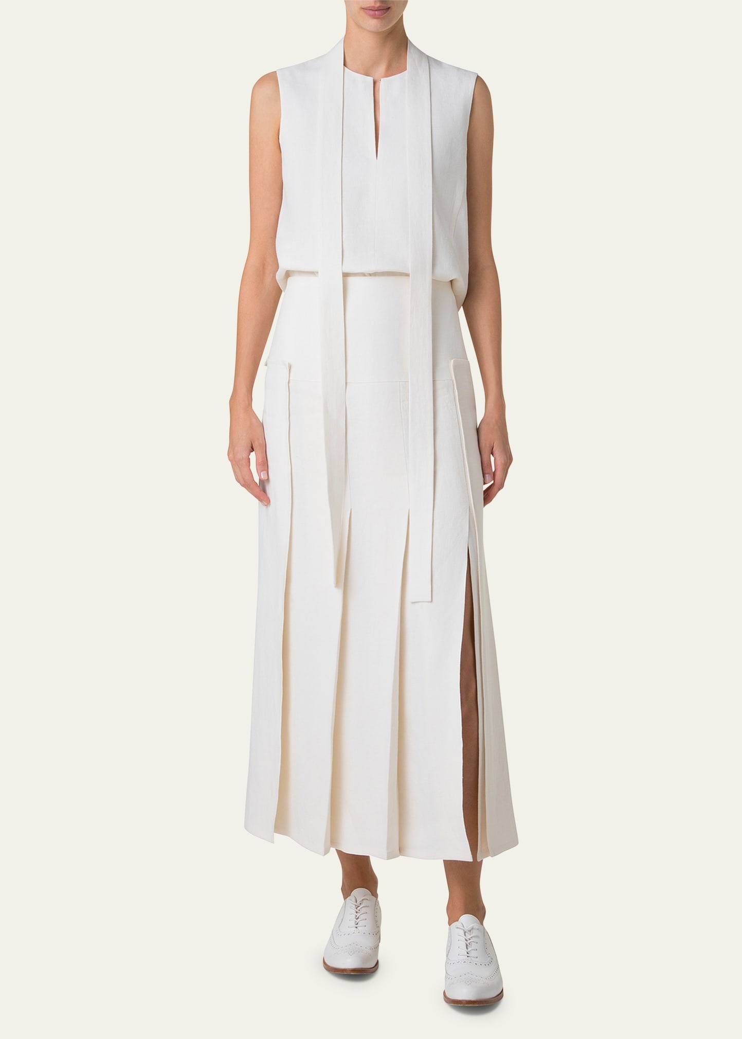 Stonewashed Linen-Wool Pleated Midi Skirt - 2