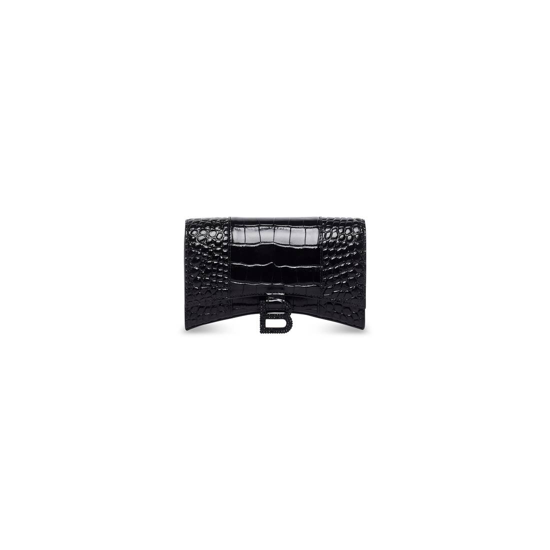 Women's Hourglass Wallet With Chain Crocodile Embossed  in Black - 4