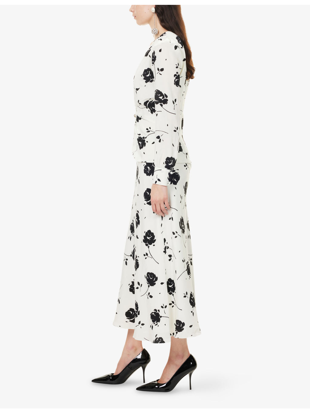 Rose-Print V-Neck Silk Midi Dress - 3