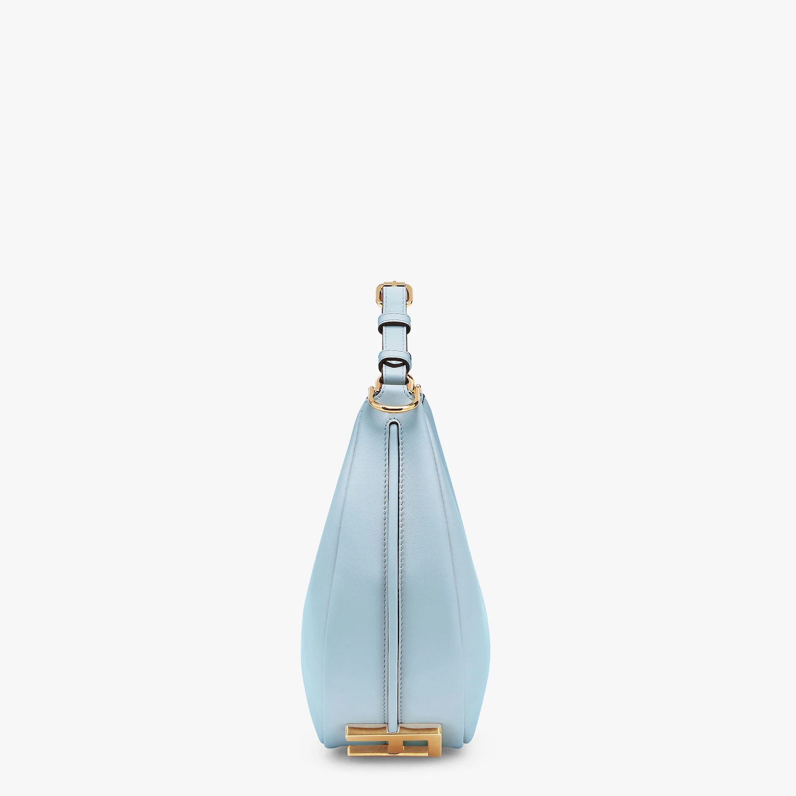 Small hobo bag made of soft light blue leather, with vintage gold metal FENDI lettering visible when - 4
