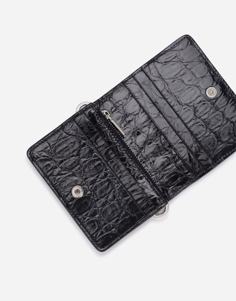 Shiny crocodile flank leather wallet with strap and heat-stamped logo 4