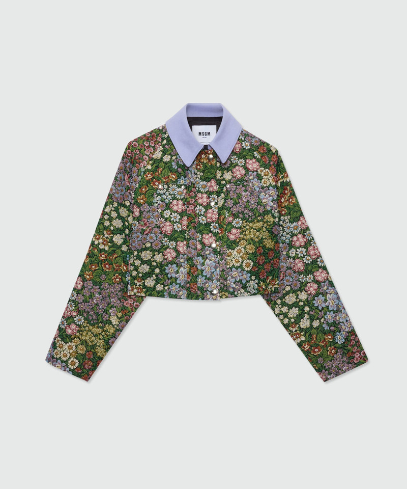 Multicolor cropped floral jacquard jacket with canvas collar 1