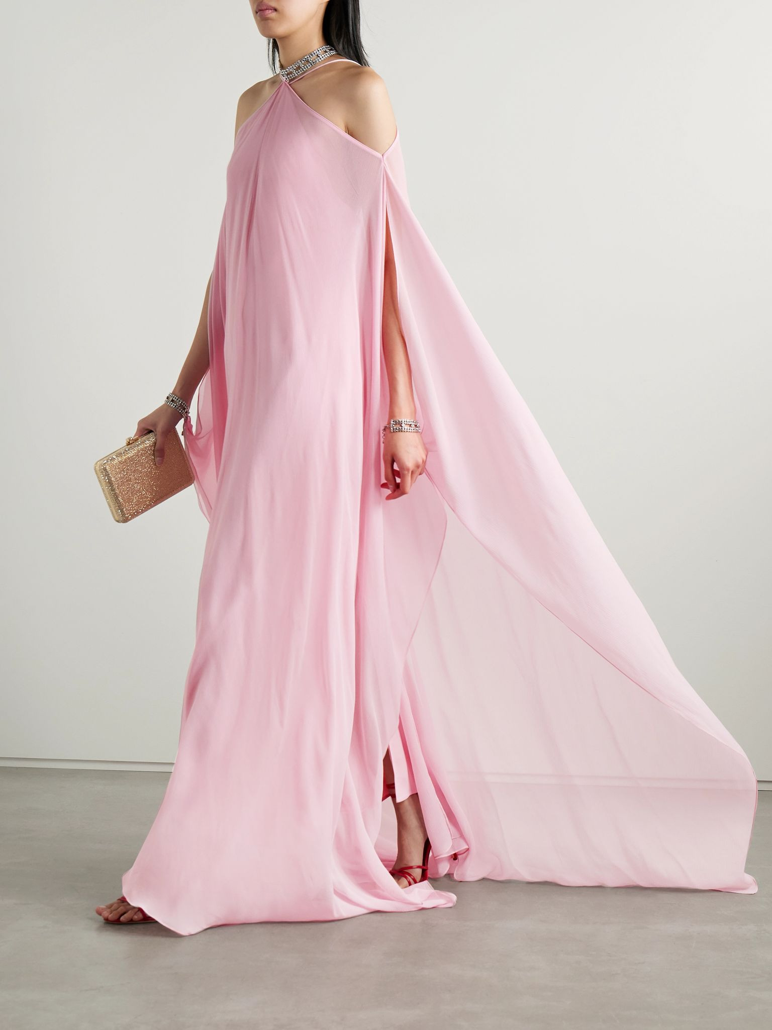 Sza Sza cape-effect cold-shoulder crystal-embellished silk-crepon gown Pink - 2