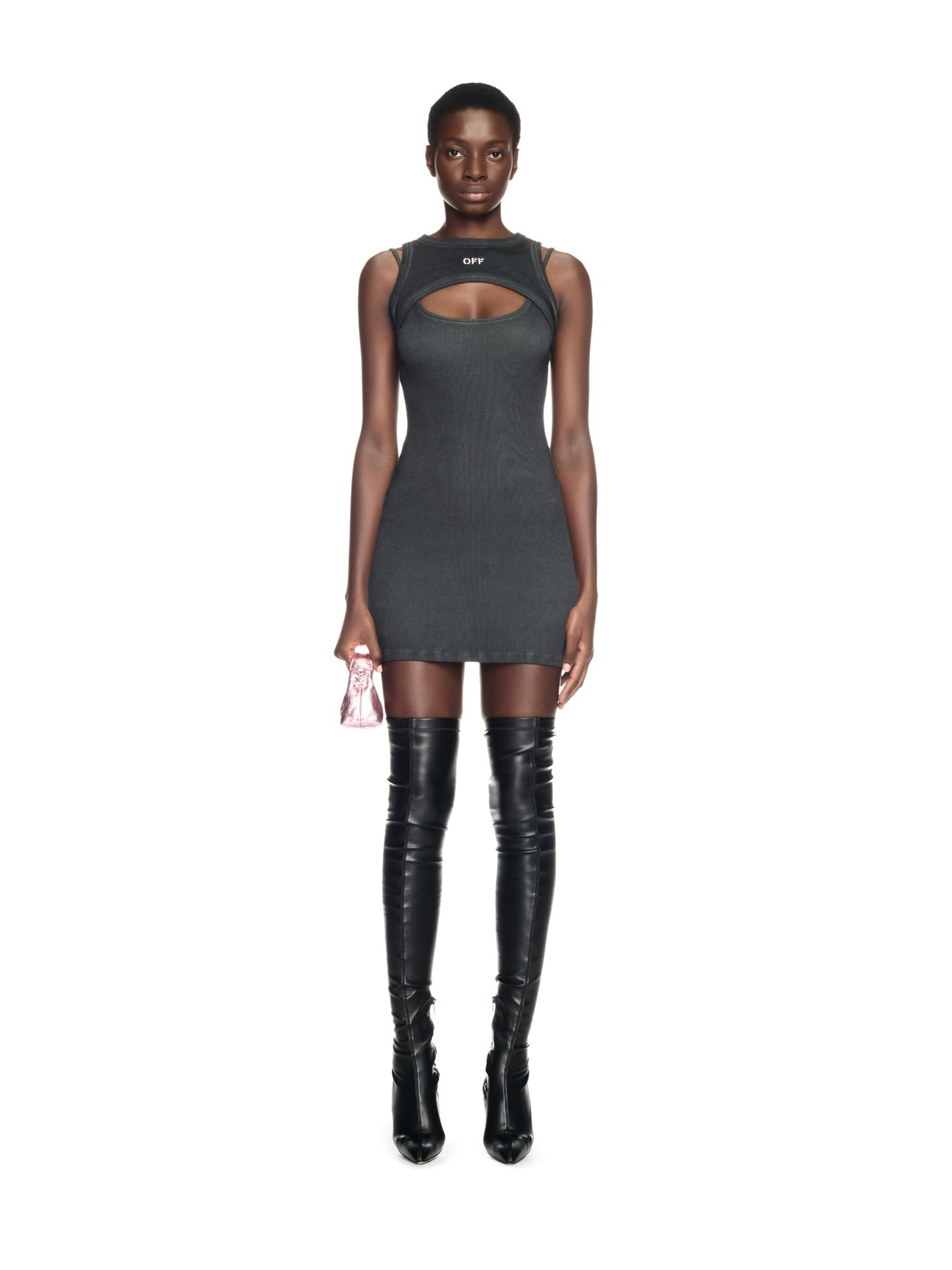 Grey Off Stamp Ribbed Cut Out Dress - 2