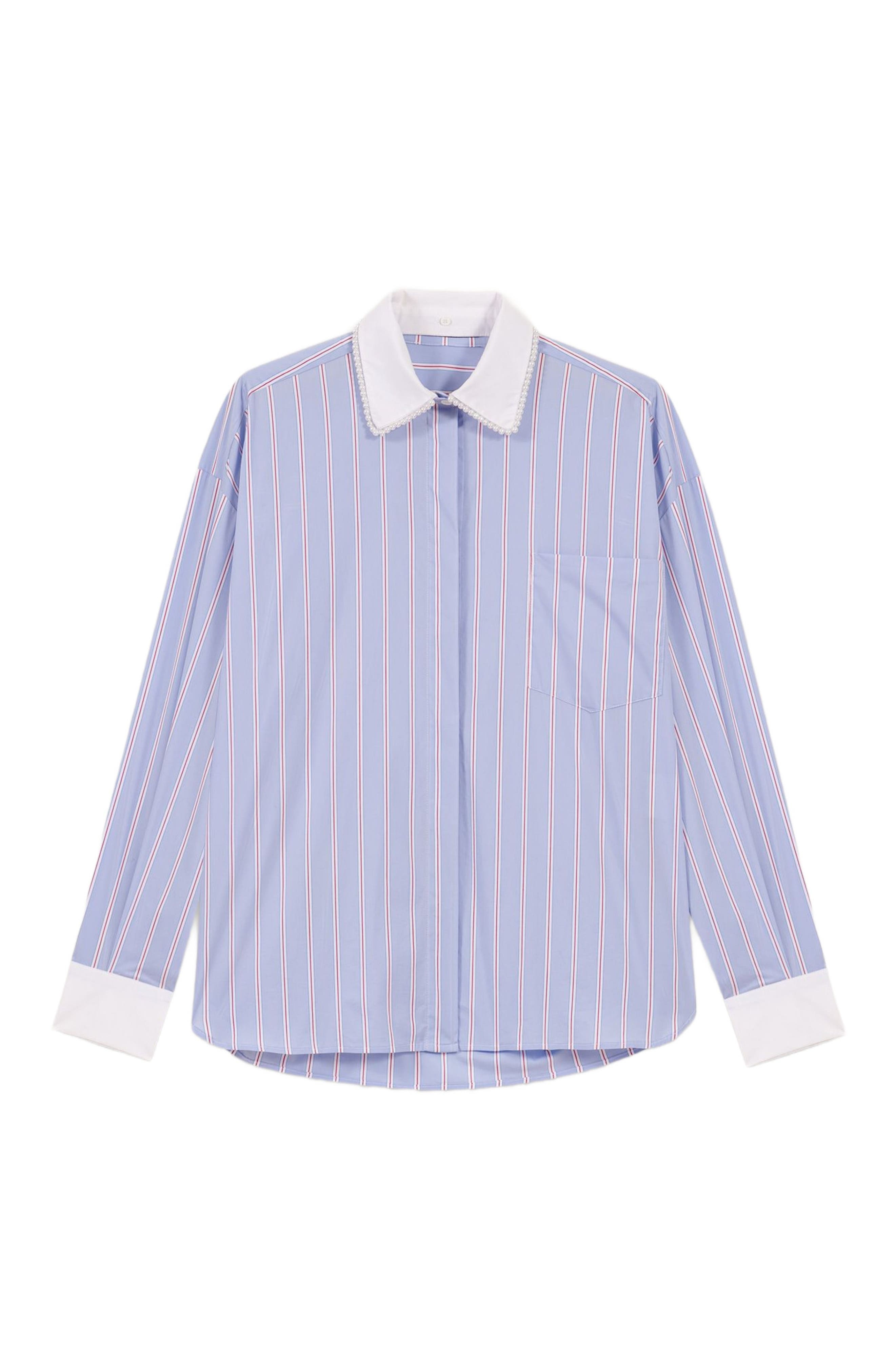 maje Striped shirt with beaded collar in Light Blue Stripes at Nordstrom - 8