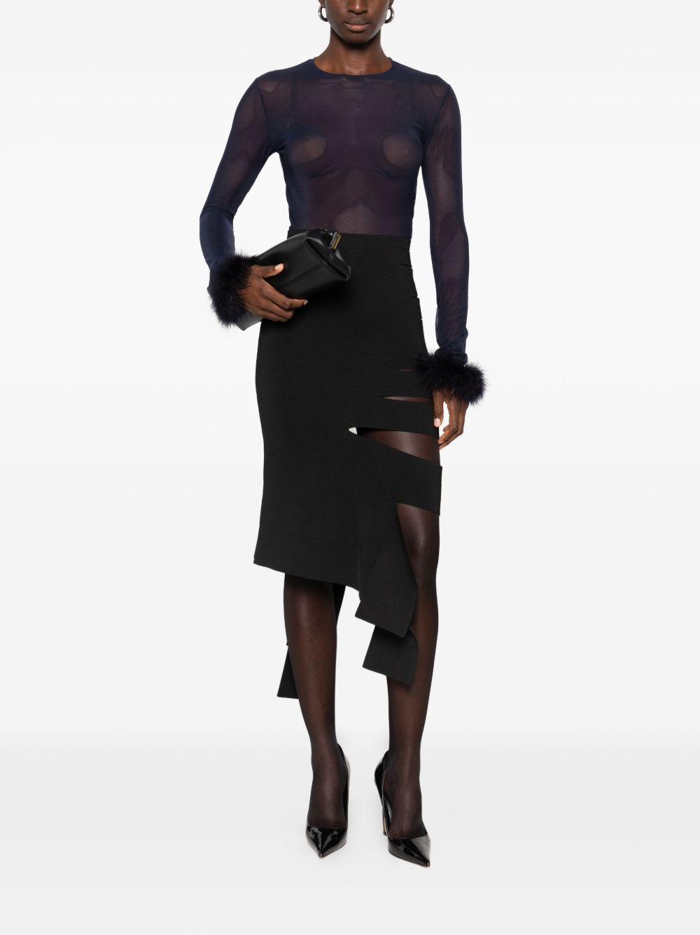 mesh feather-cuff top - 2