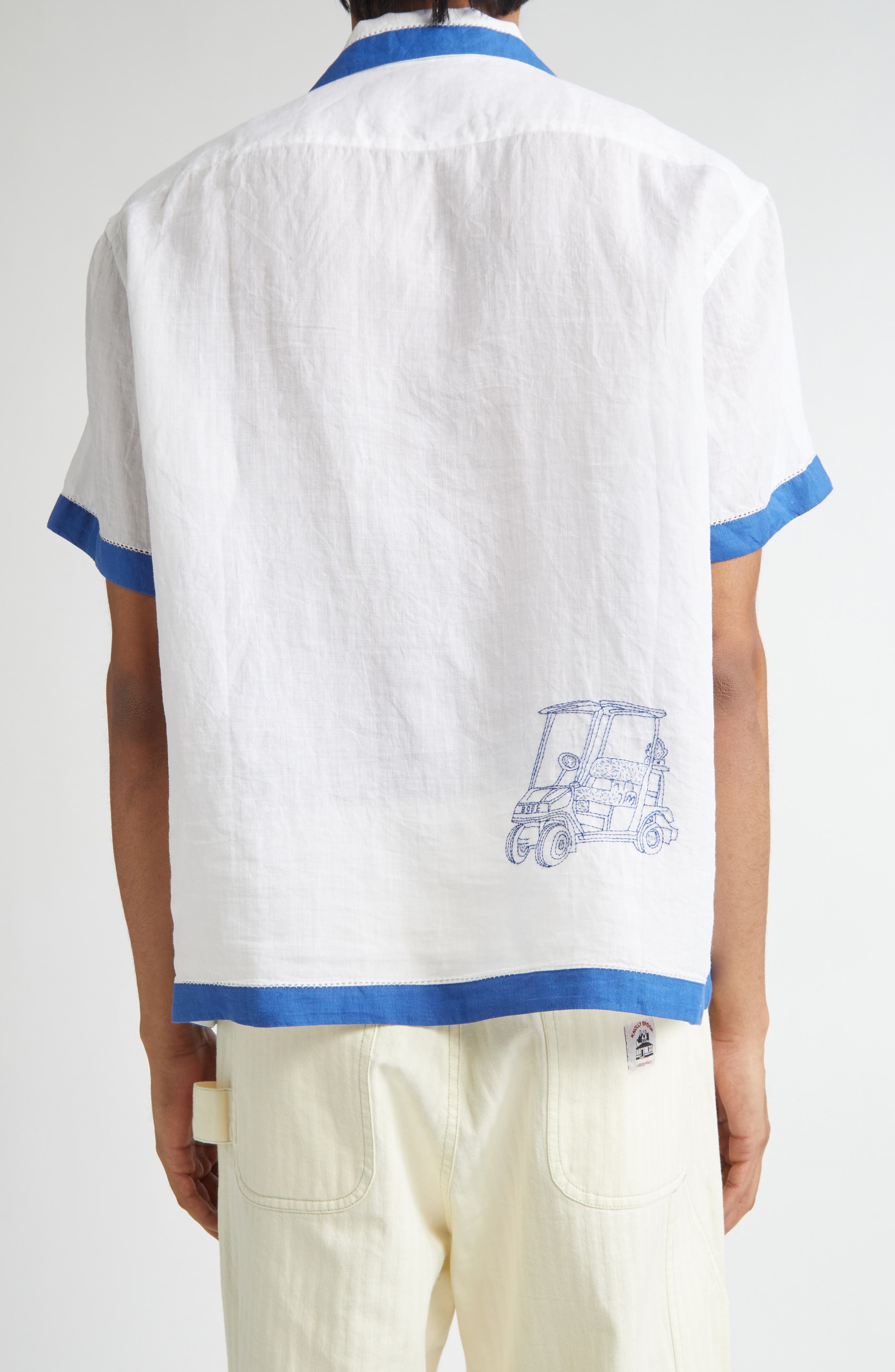 Bode Club Champion Short Sleeve Linen Camp Shirt in White/Blue at Nordstrom - 2