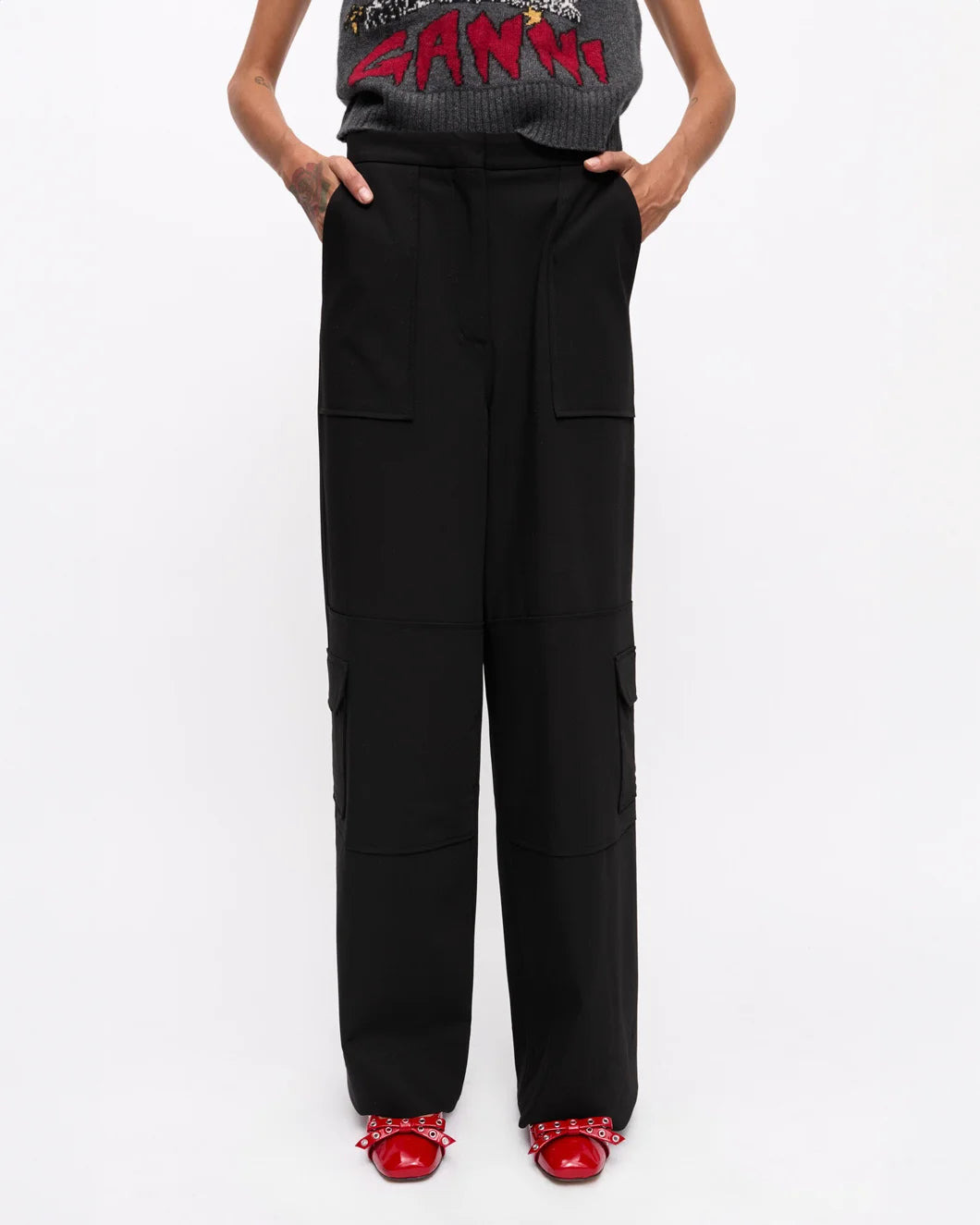 BLACK TWILL SUITING CARGO PANTS - 2