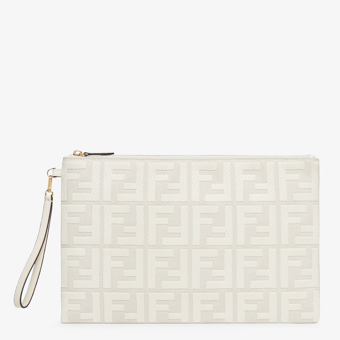 Large pouch with removable bracelet handle. Zipper closure. Made of white canvas with FF embroidery. - 1
