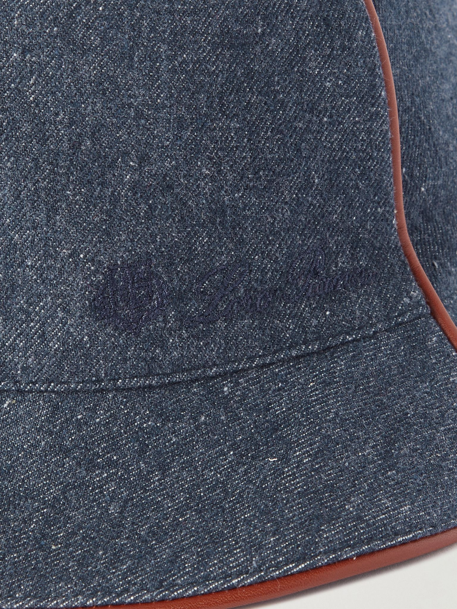Leather-Trimmed Logo-Embroidered Denim Bucket Hat Blue - 4