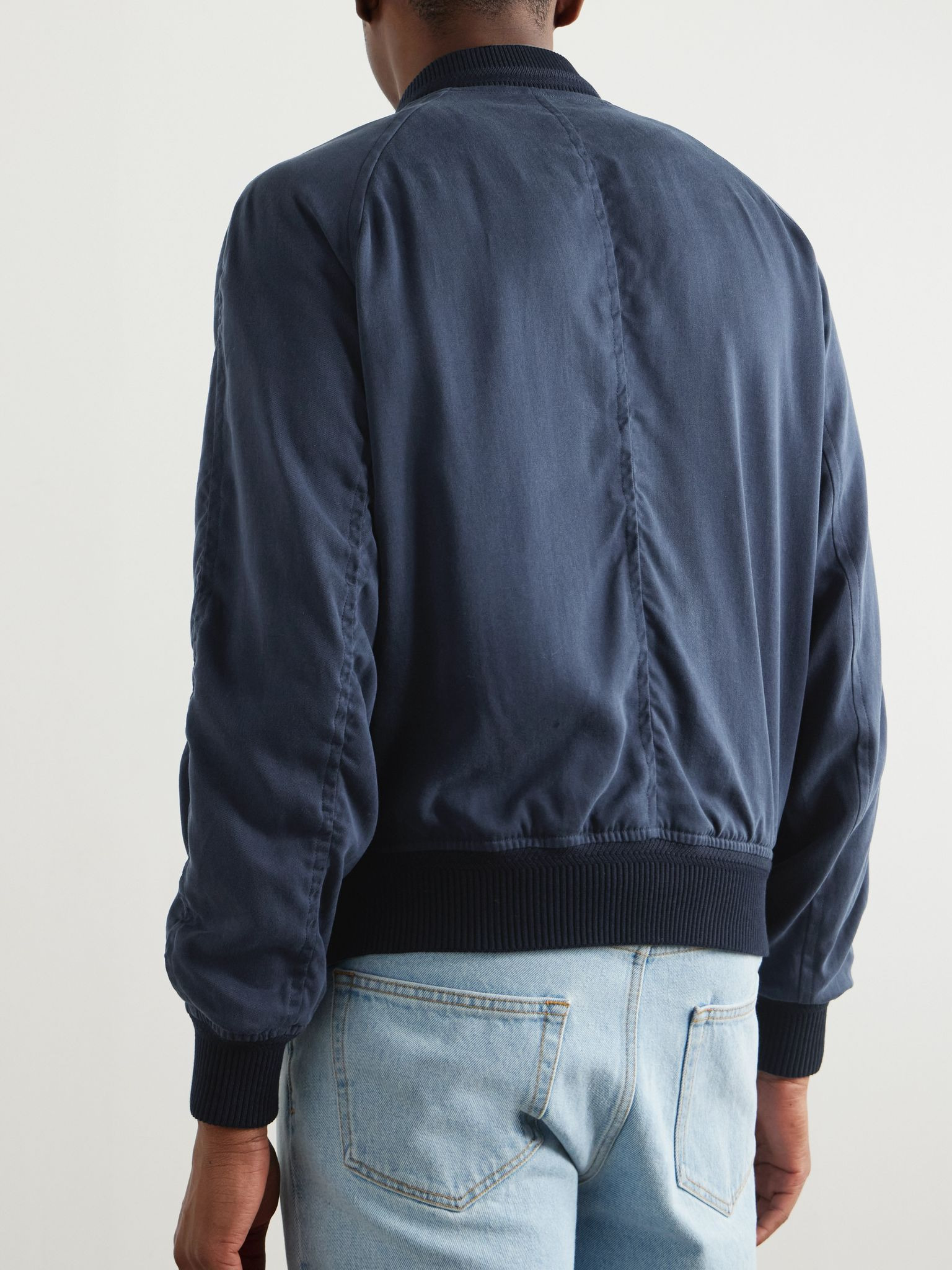 Leather-Trimmed Lyocell-Twill Bomber Jacket Blue - 3