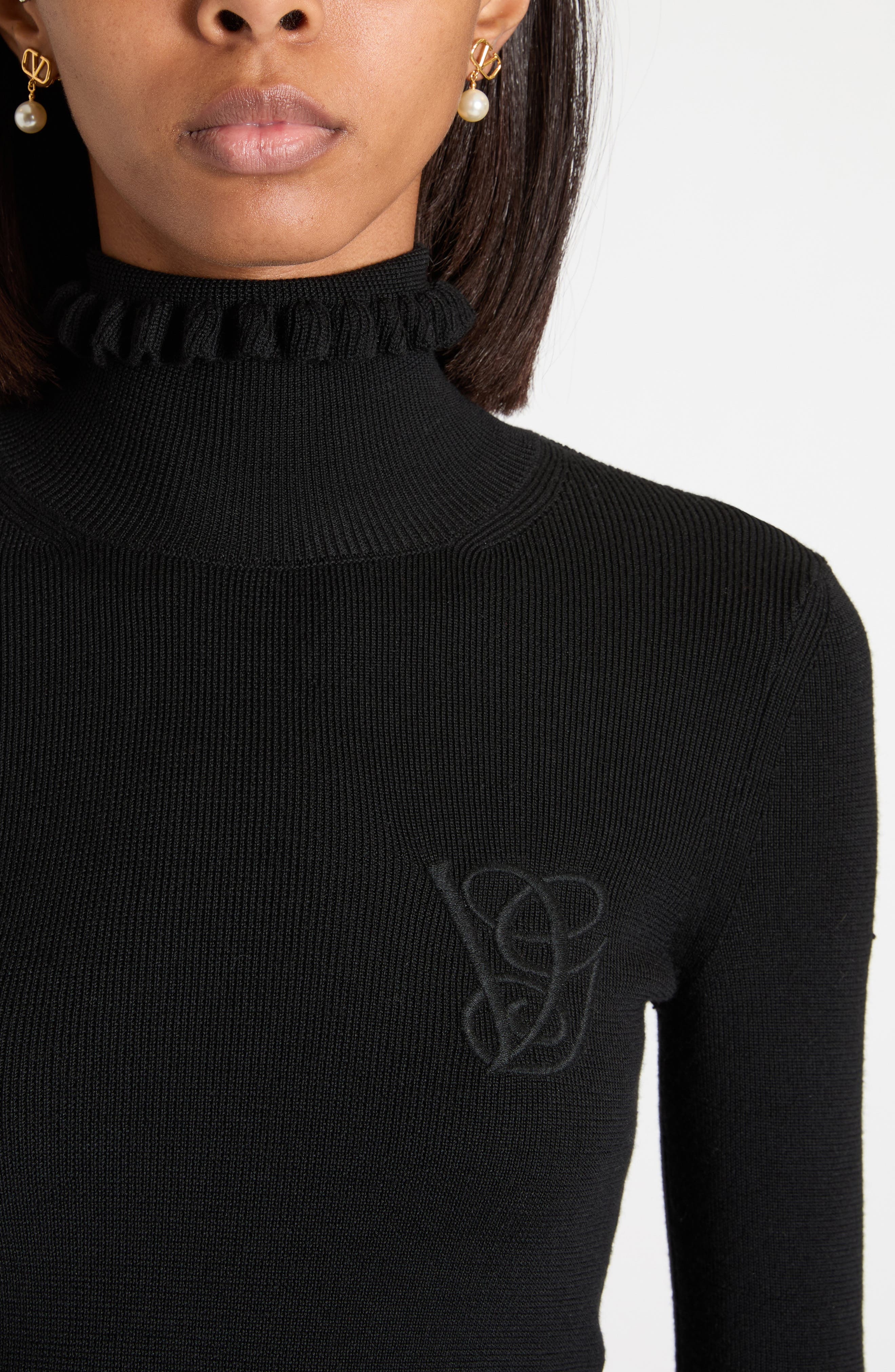 Valentino Garavani Ruffle Trim Rib Virgin Wool Sweater in Black at Nordstrom - 5