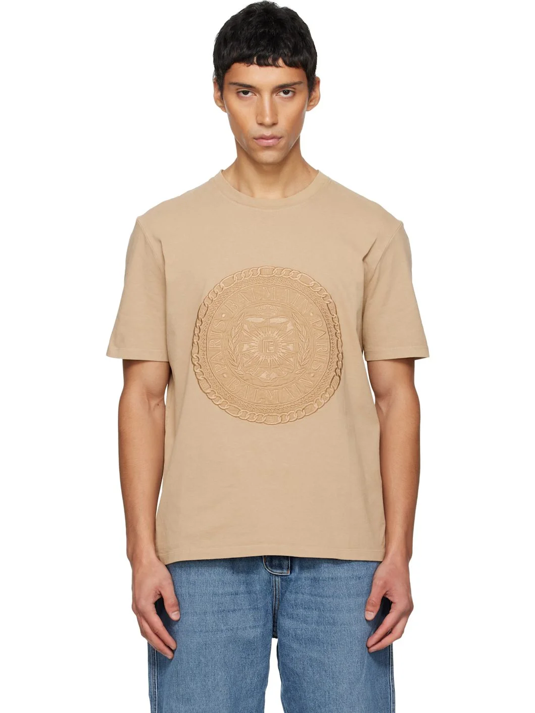 Beige Embroidered 'Balmain' Médaille T-shirt - 1
