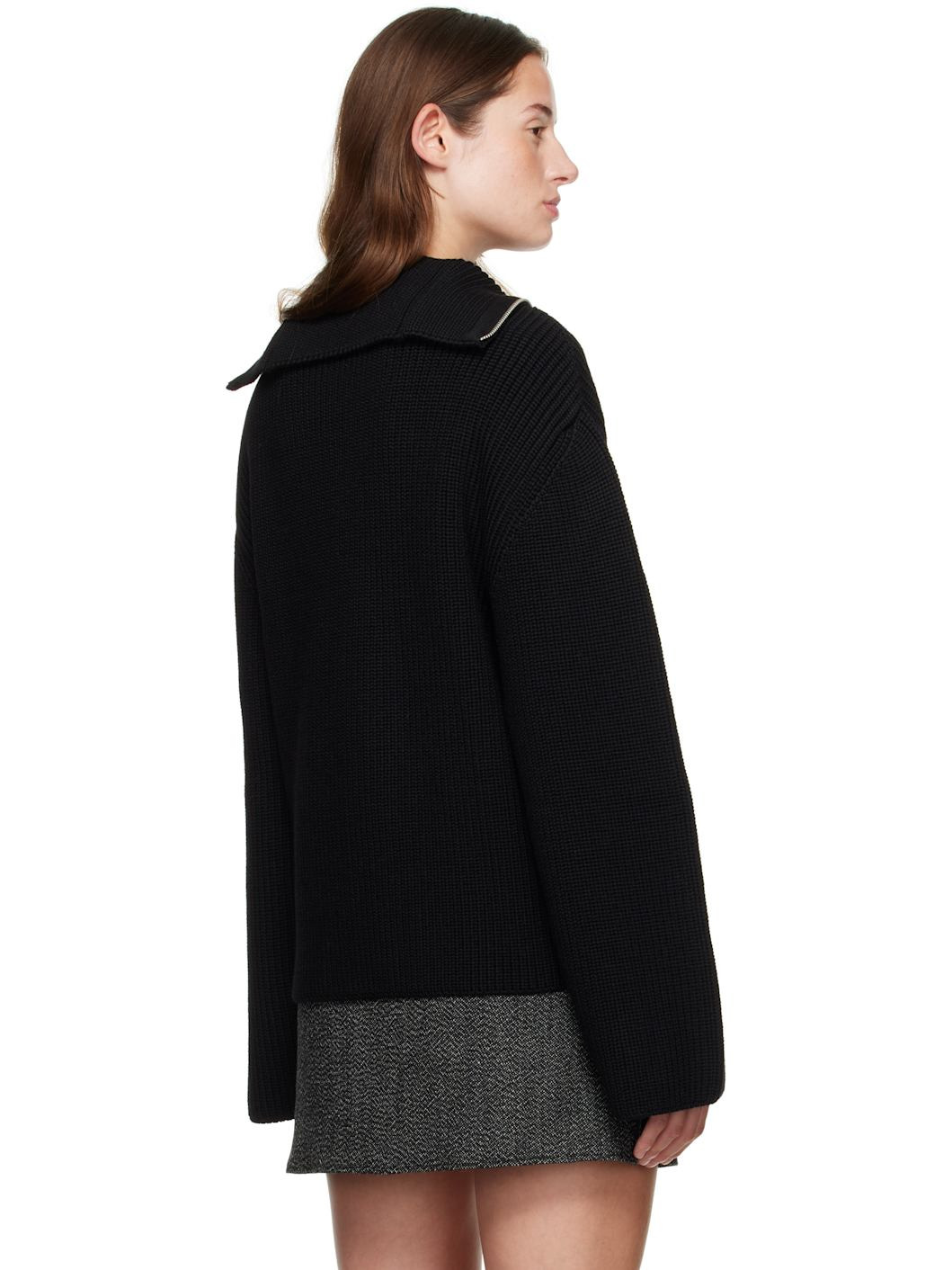 Black Ribbed Wool Trucker Sweater - 3