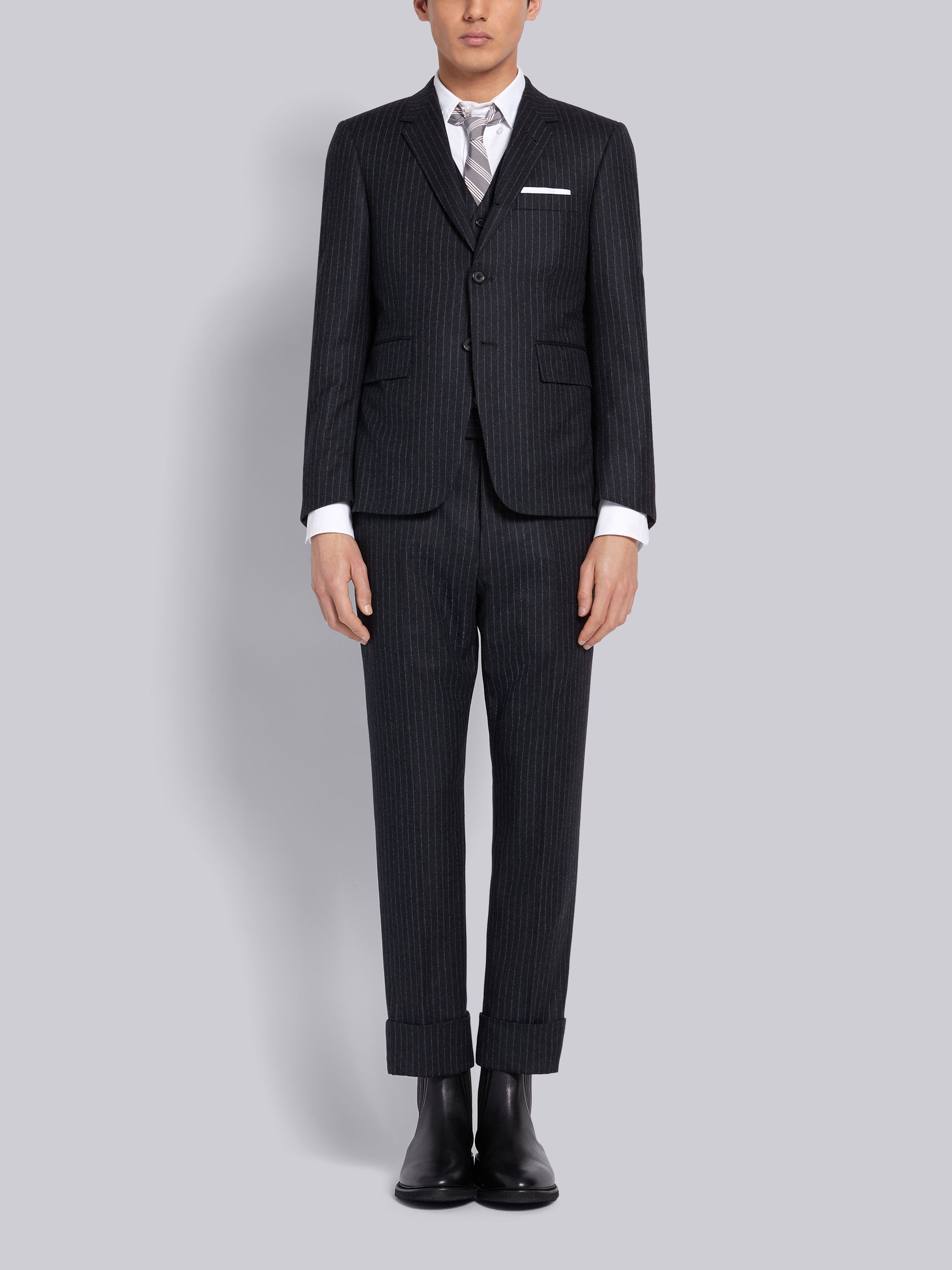 Dark Grey 120s Wool Flannel Narrow Chalk Stripe Classic Suit - 1