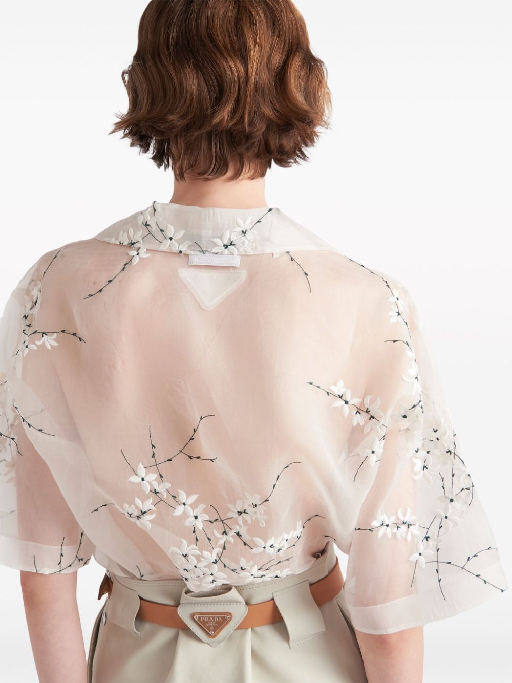 floral-embroidered short-sleeved sheer shirt - 6