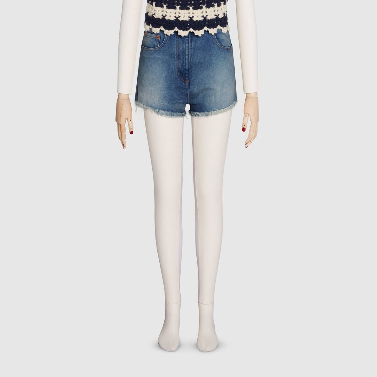 Washed denim shorts with Gucci cherry - 3