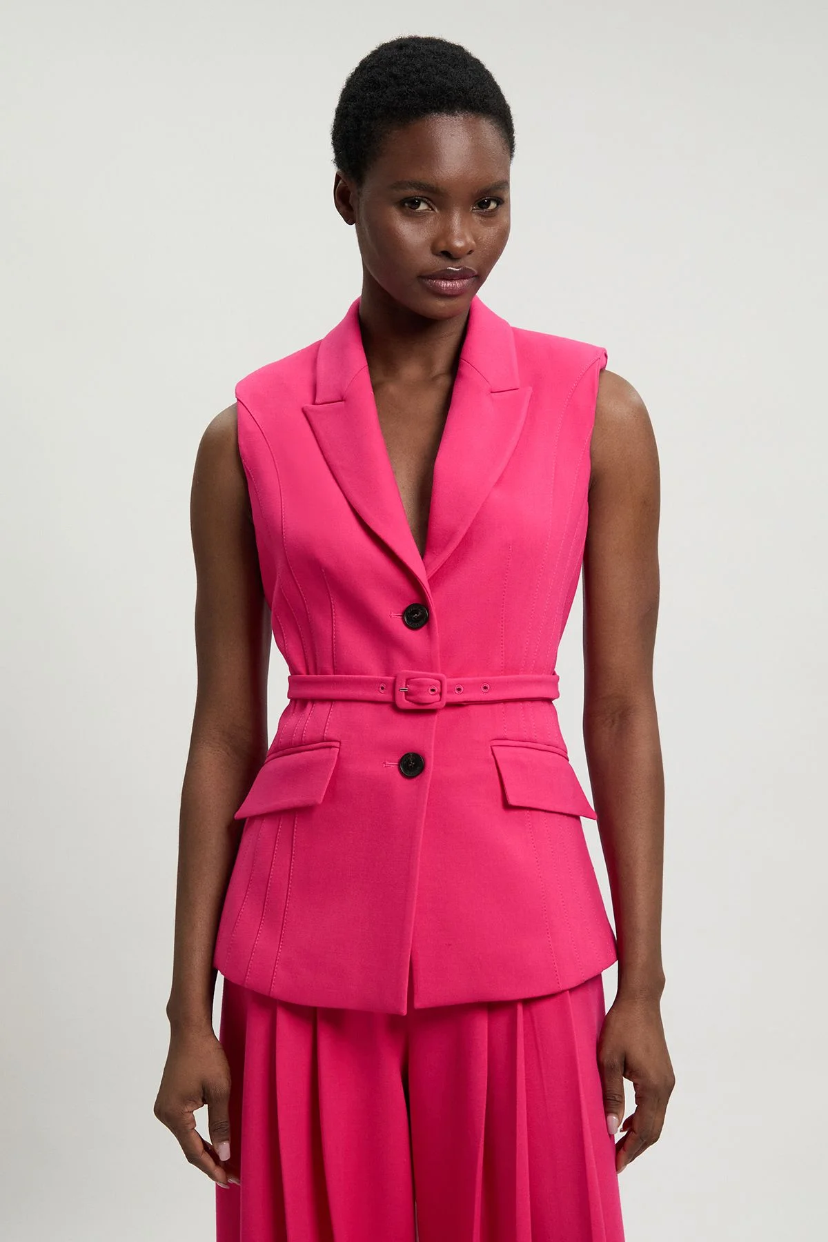 Tailored Structured Crepe Belted Sleeveless Blazer - 1