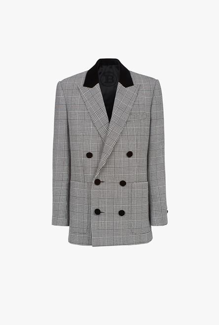 White and black glen plaid wool blazer with black velvet collar - 1