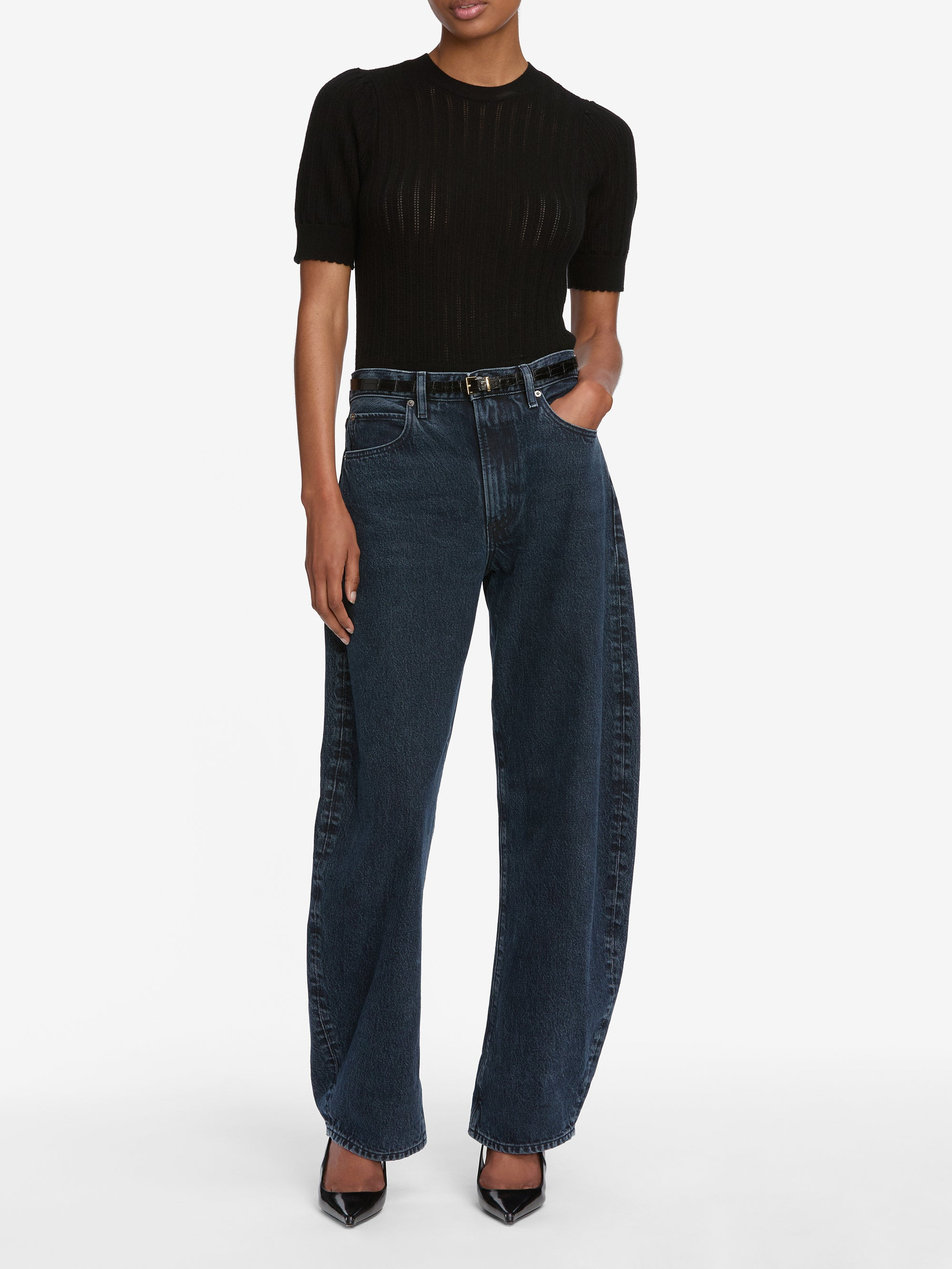 The Ladder Pointelle Sweater in Black - 2