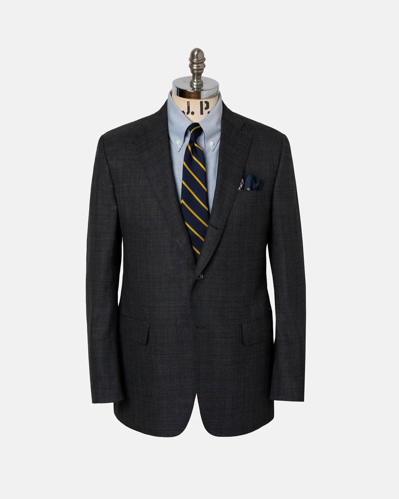 MADE-IN-USA CHARCOAL & BLUE SHADOW PLAID WOOL IVY MODEL SUIT - 1
