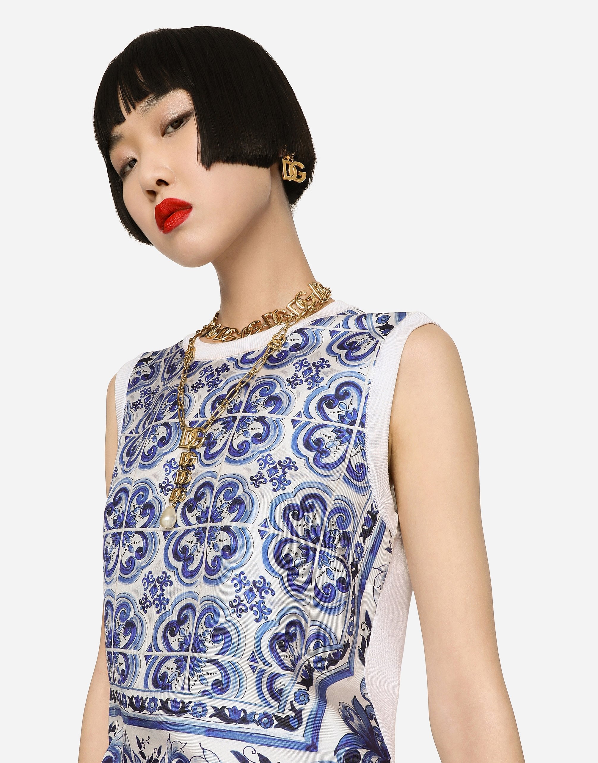 Sleeveless silk and twill sweater with majolica print - 5