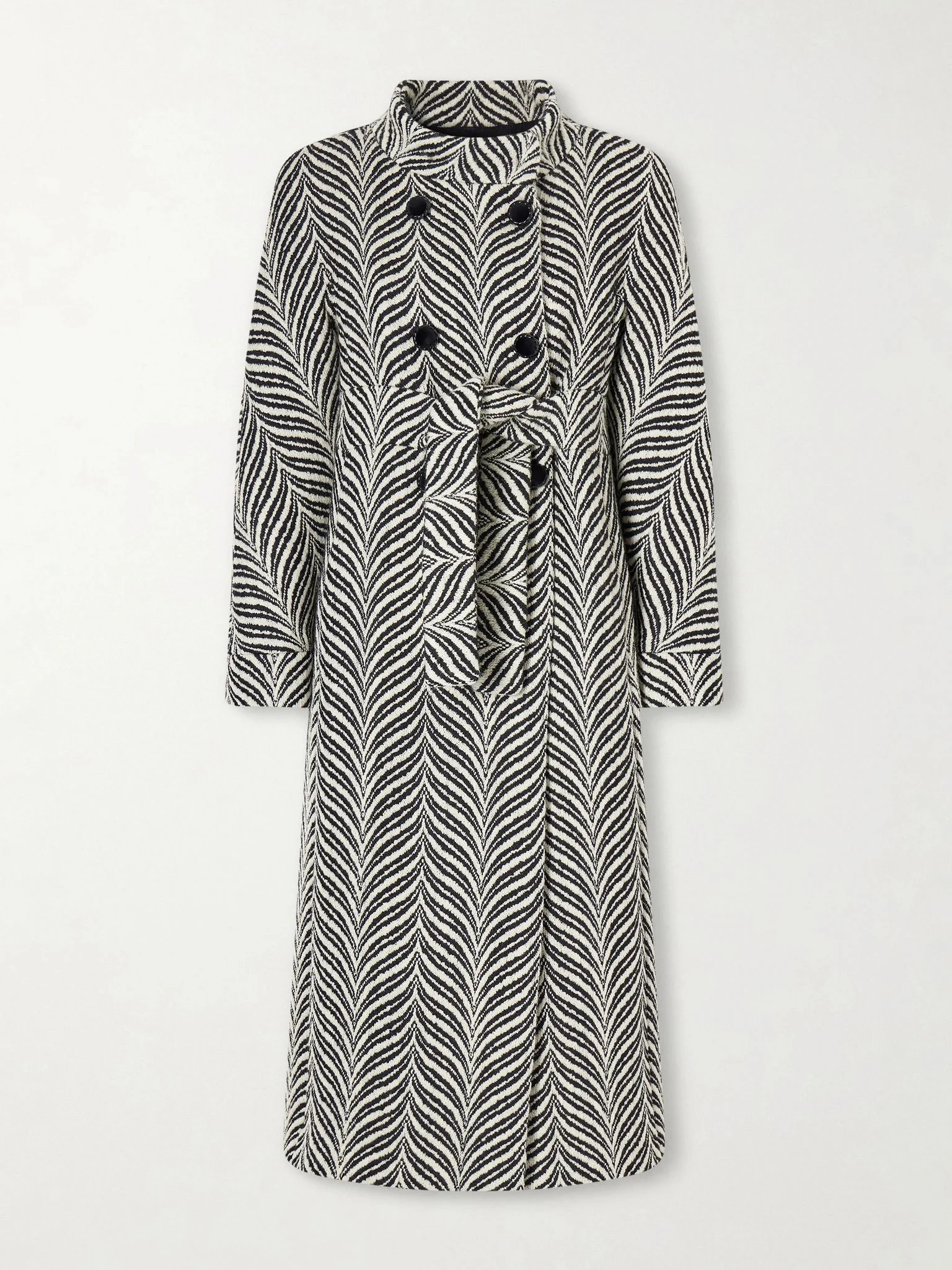 Double-breasted belted wool-blend jacquard coat Black - 1