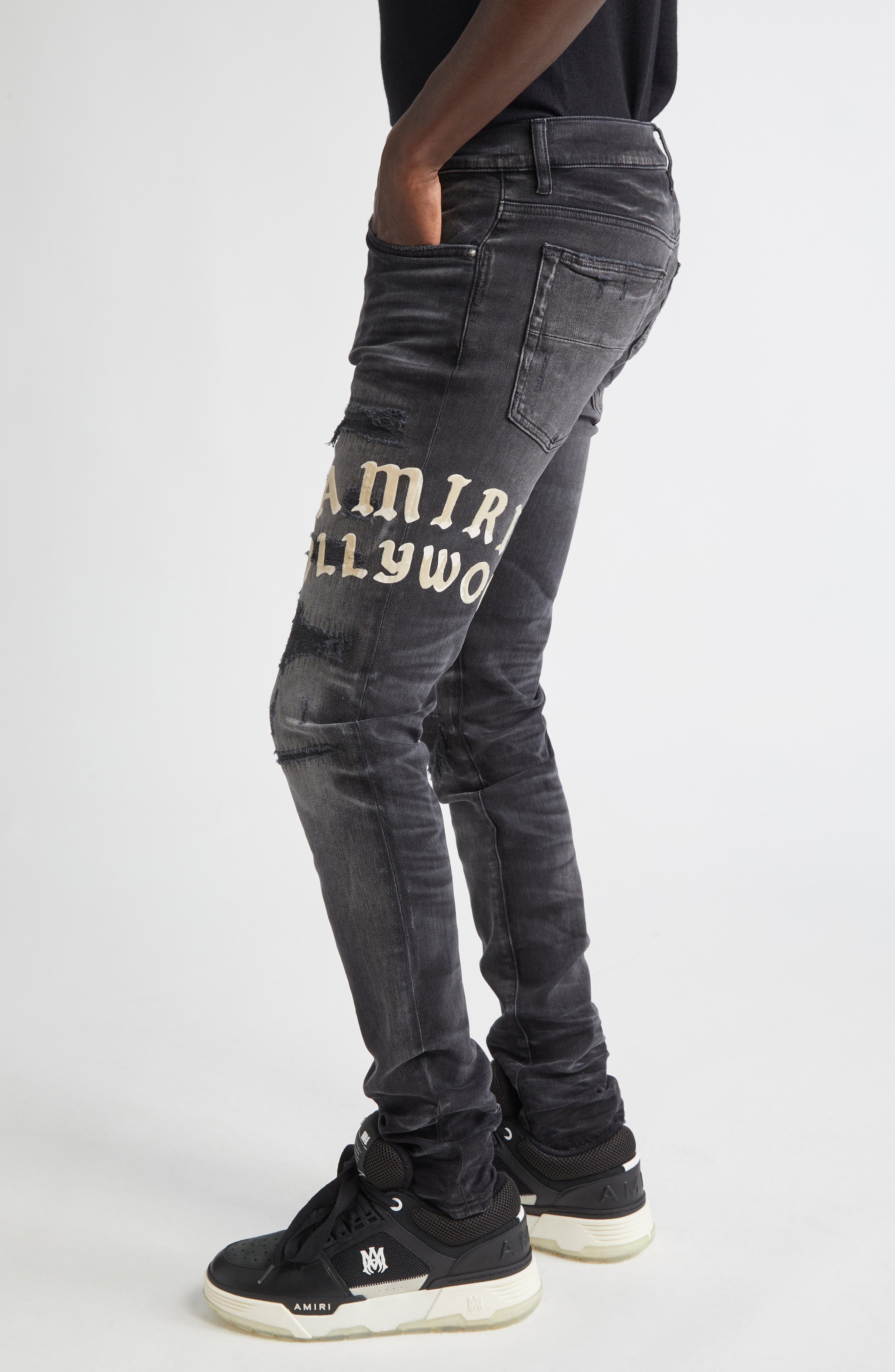 AMIRI Hollywood Appliqué Rip & Repair Slim Fit Jeans in Faded Black at Nordstrom - 4