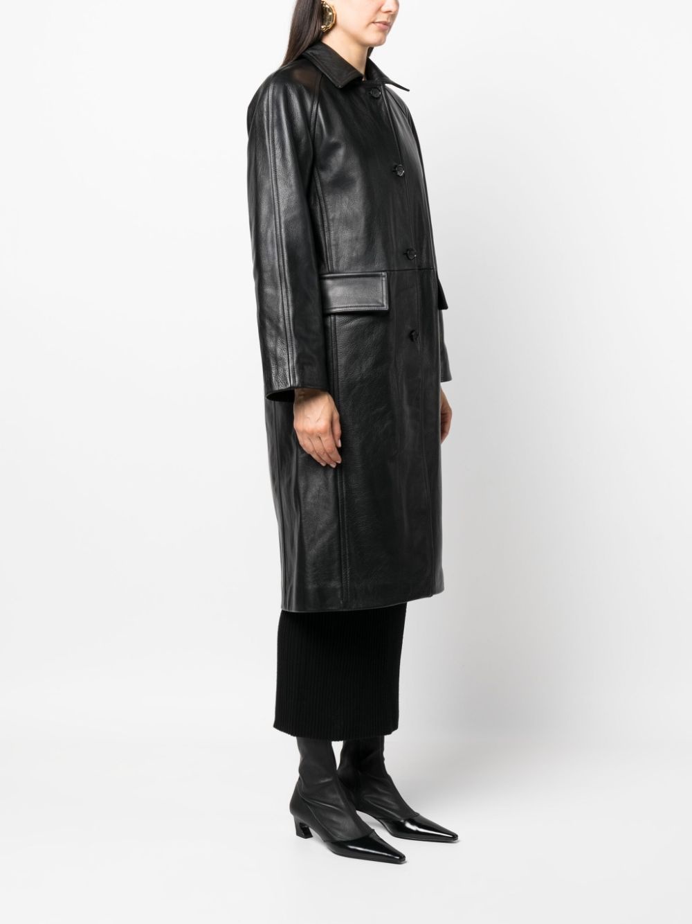 single-breasted leather coat - 3