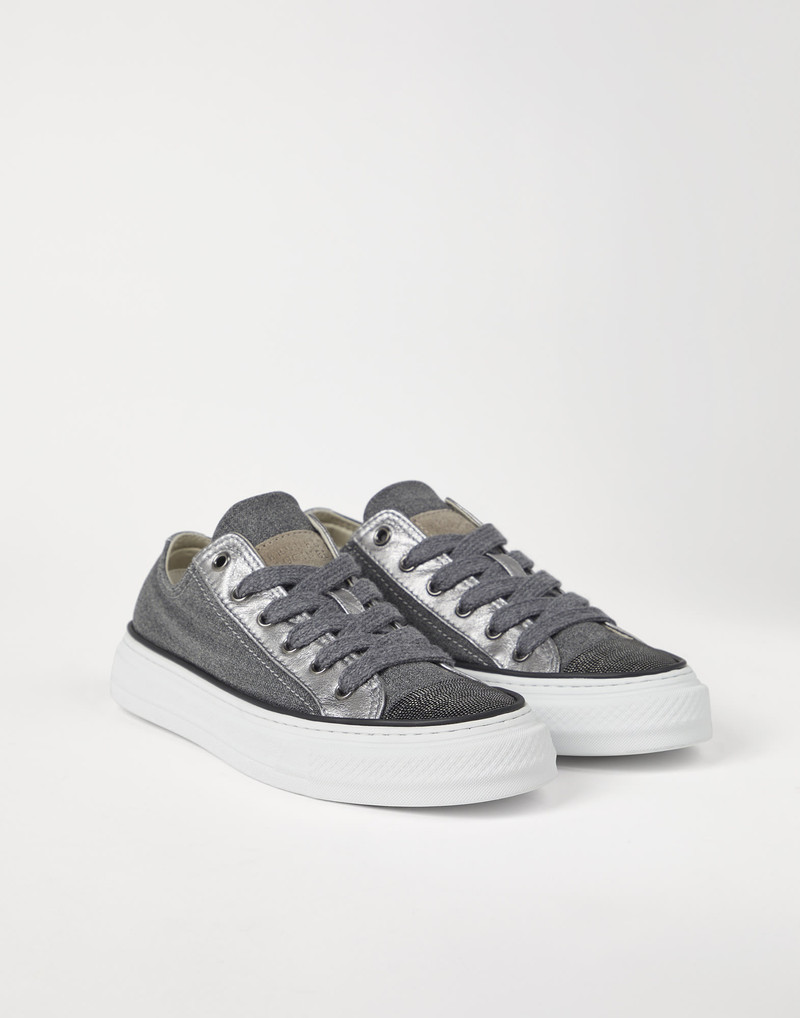 Virgin wool canvas and lamé calfksin sneakers with precious toe 1