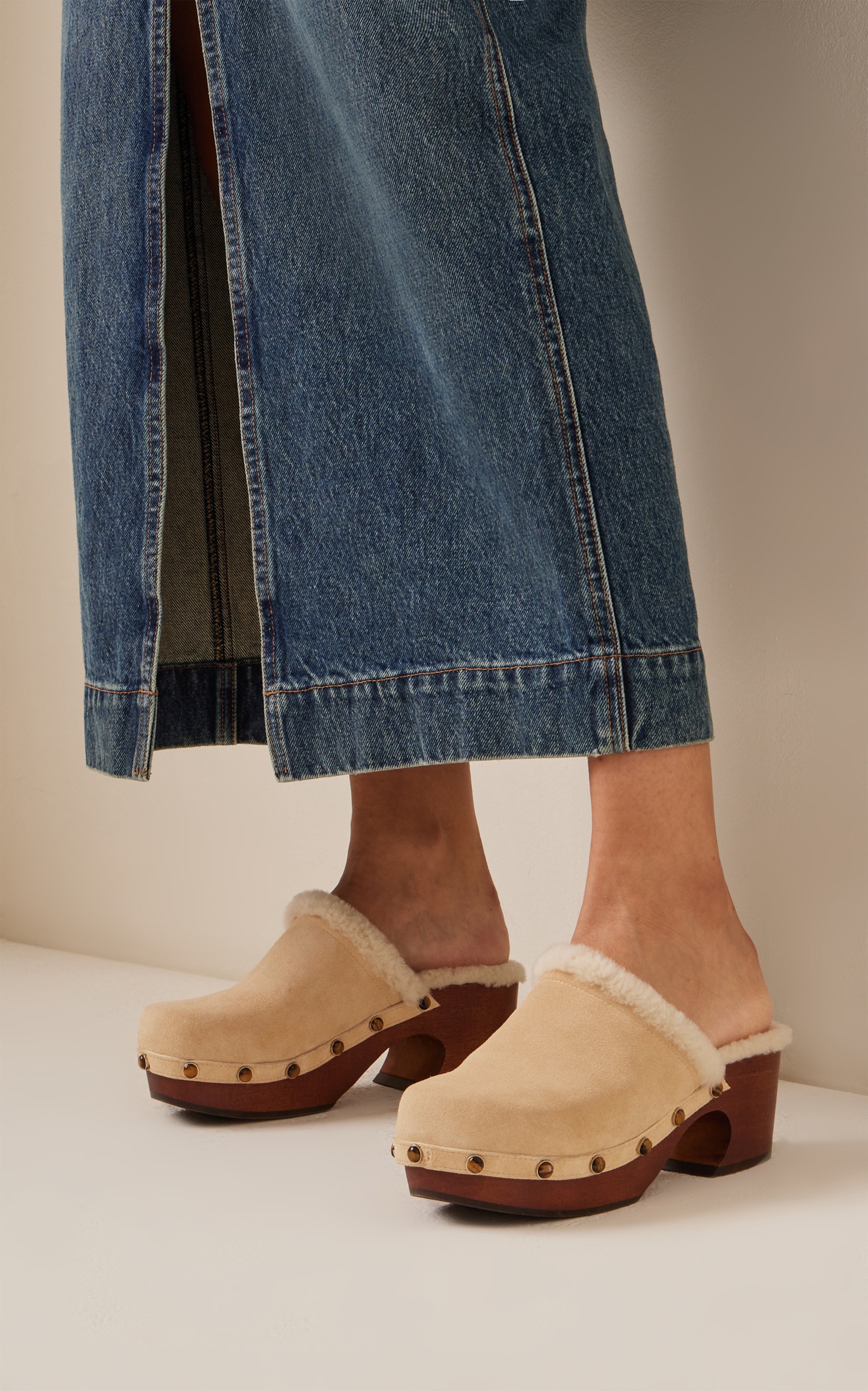 Ora Suede Shearling Clogs ivory - 3