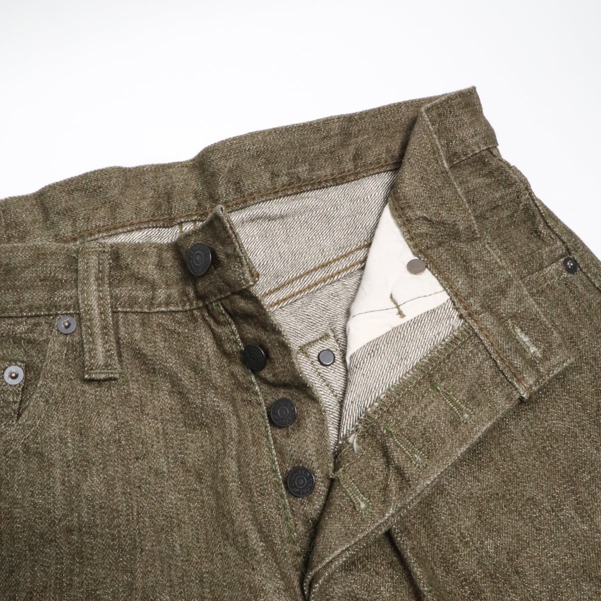 OL-14oz-019 14oz Selvedge Denim Relax Tapered Olive x White - 6