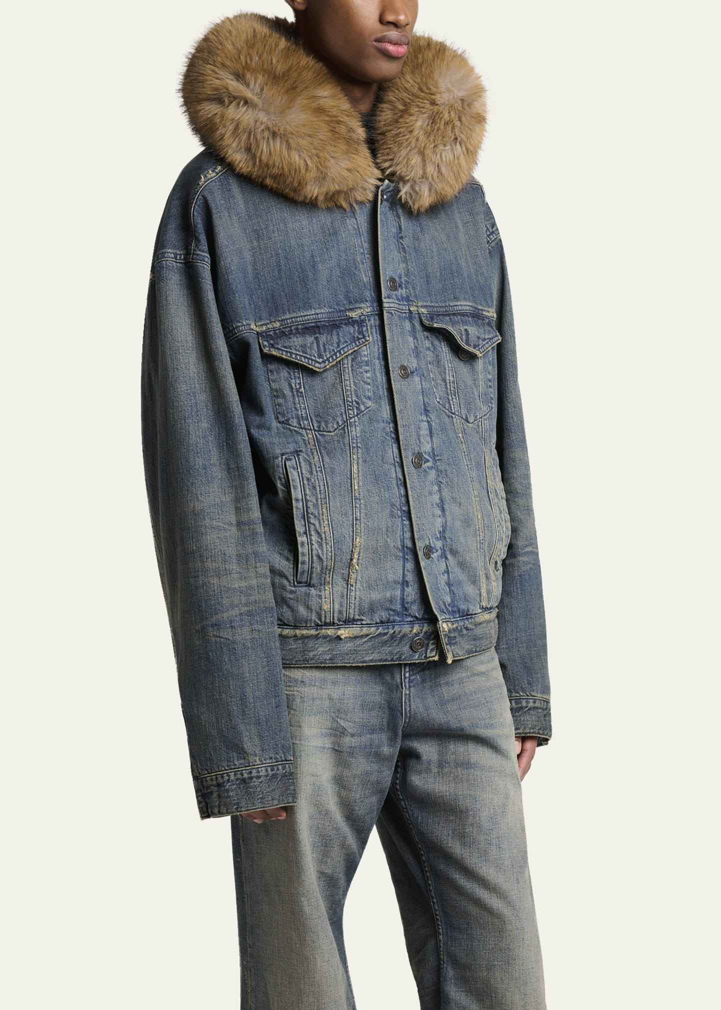 Men's Faux Fur-Trim Hooded Denim Trucker Jacket - 4