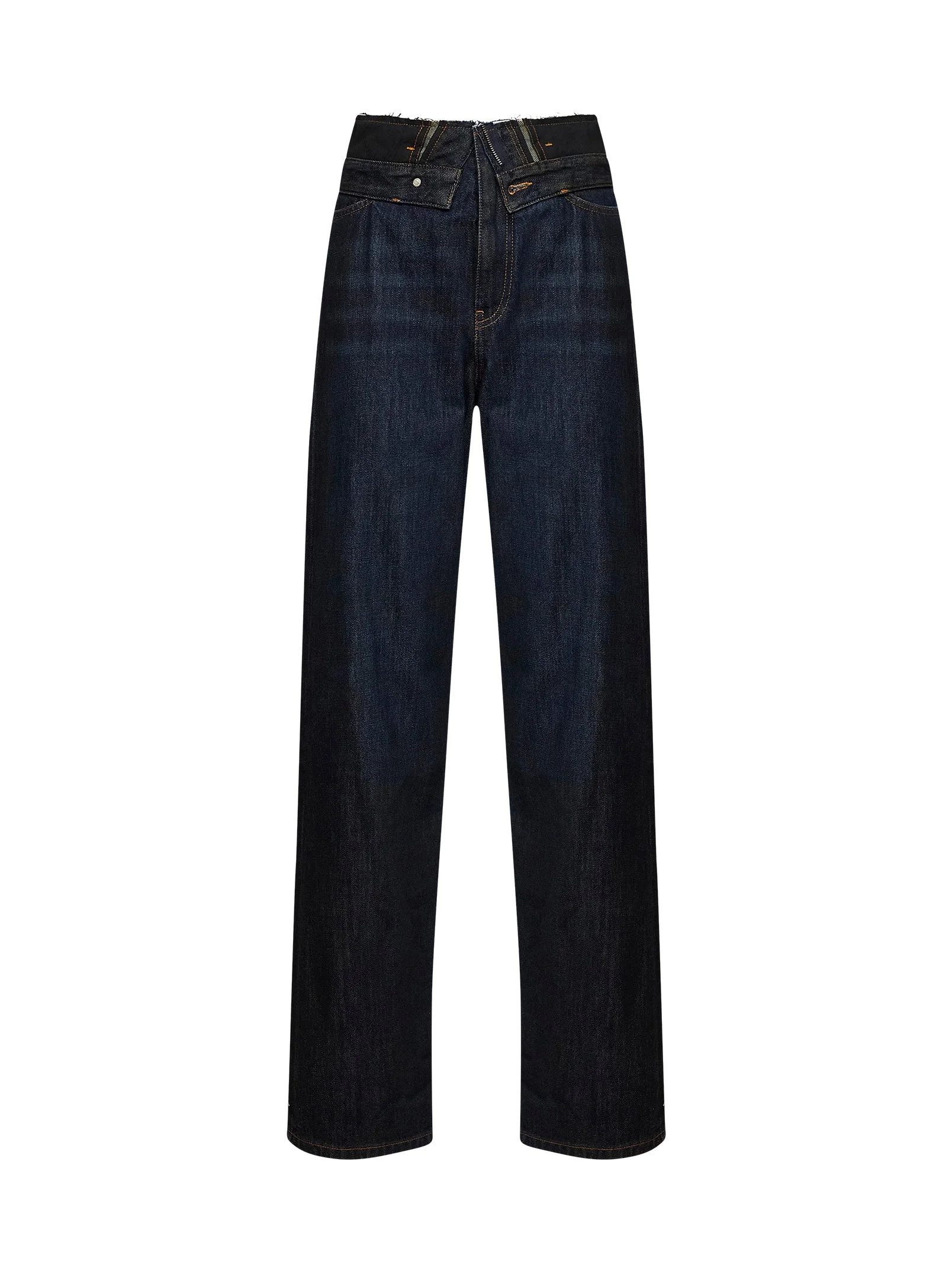 Dark blue denim five-pocket jeans with double waistband - 1