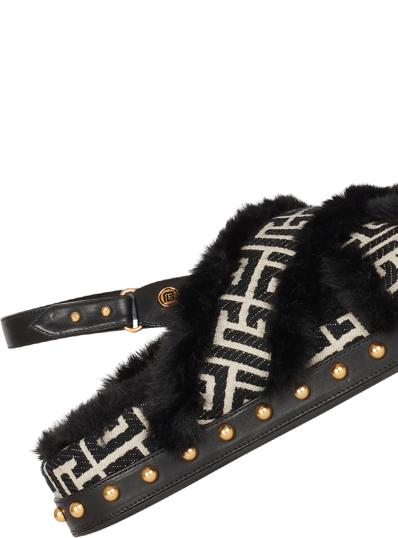 Balmain Bicolor jacquard and faux fur Tam flat sandals outlook