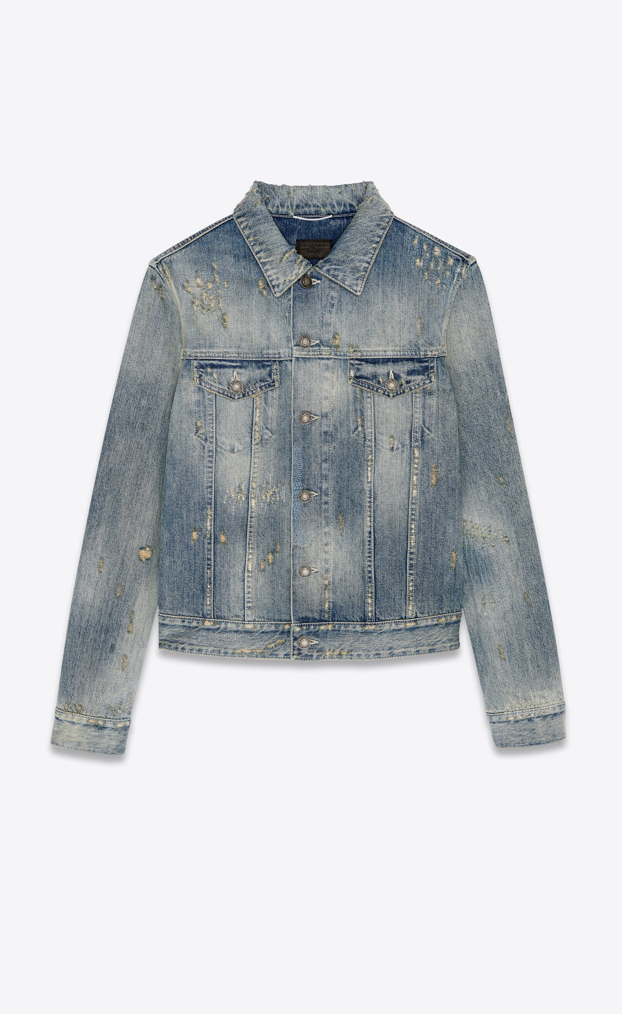 destroyed jean jacket in repaired dirty blue denim - 1